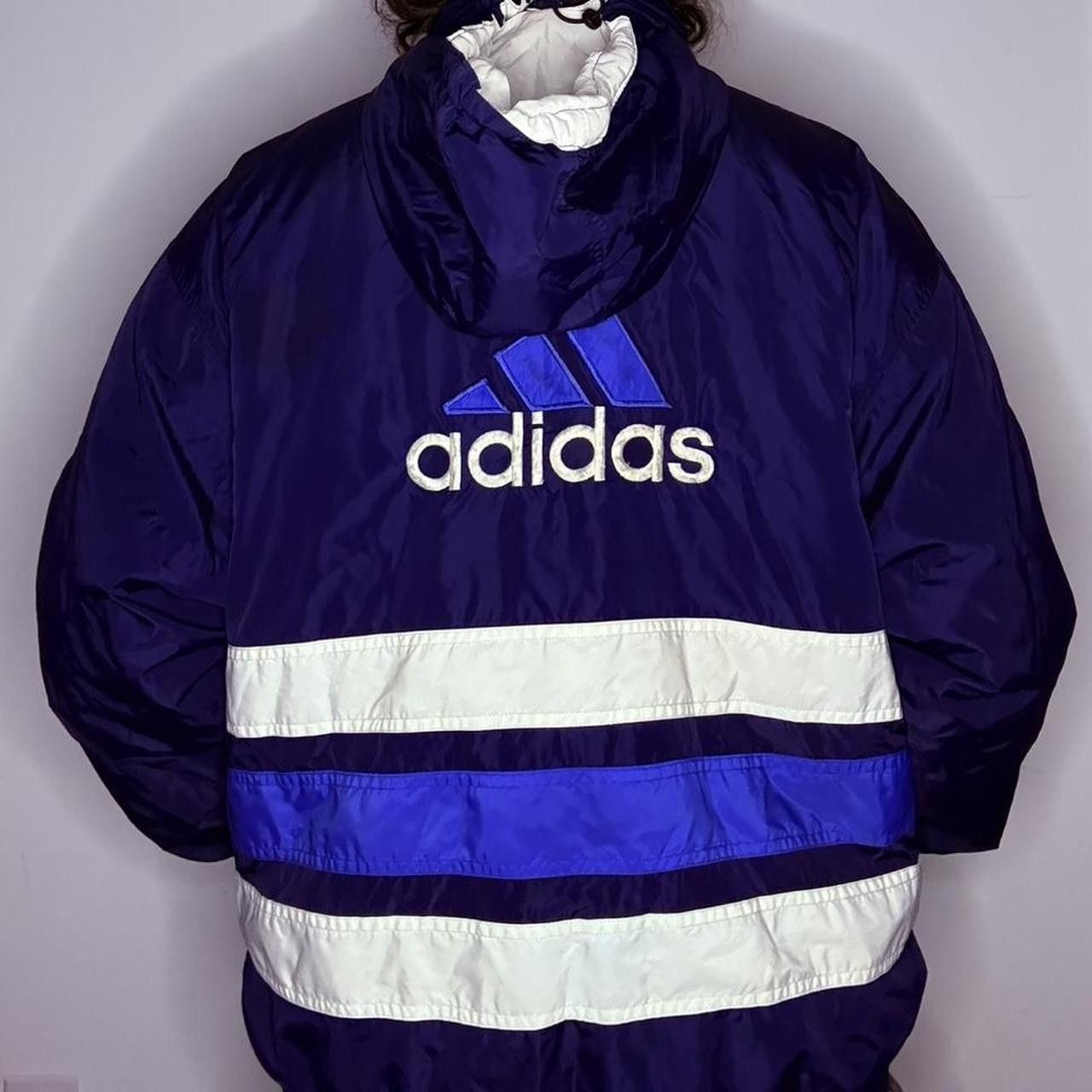 Adidas Vintage 90s Adidas Puffer Jacket Coat XL Hooded Striped Navy Size US XL / EU 56 / 4 - 2 Thumbnail