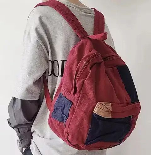 Japanese Brand Fashion patchwork canvas backpack aesthetic Size ONE SIZE - 4 Thumbnail