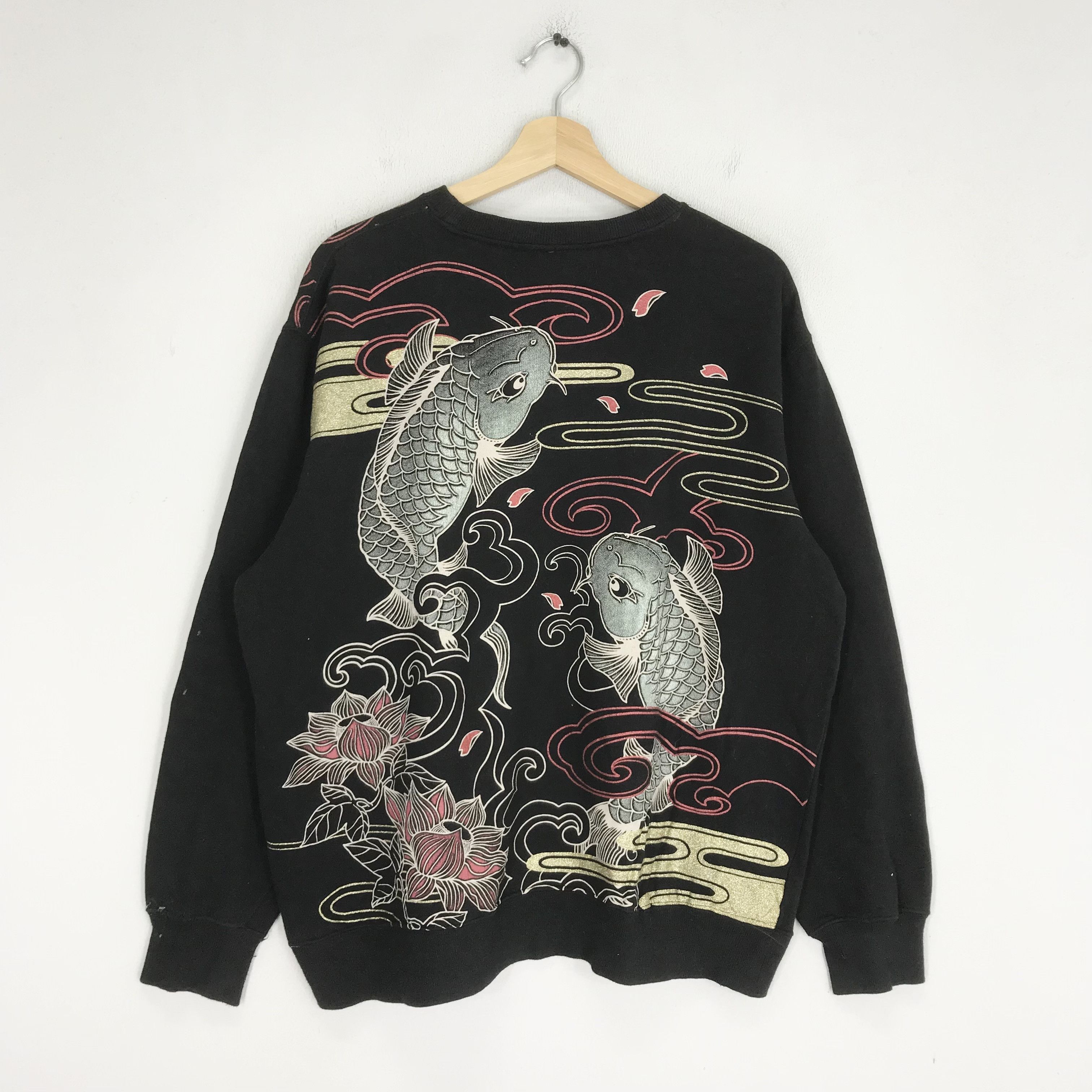 Vintage Fish Koi Sukajan Japan Black Sweatshirt Xlarge