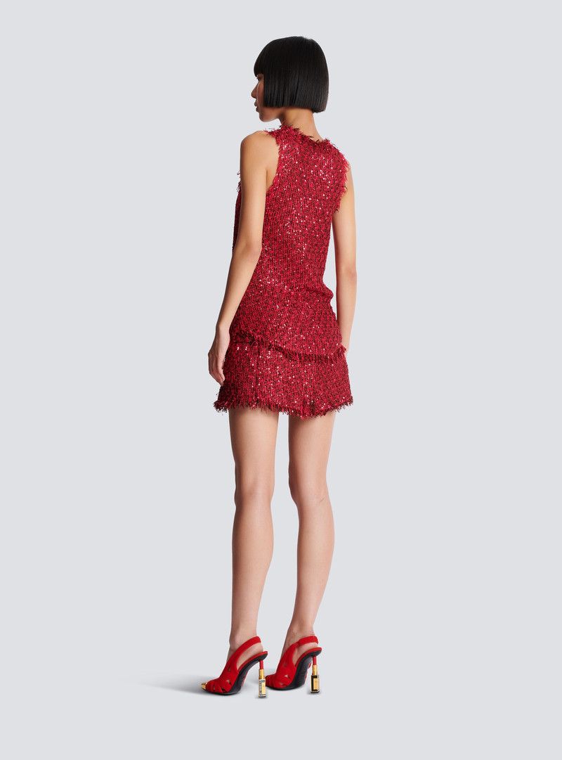 Balmain o1s1wg110526 Glittered Tweed Top in Red Size L / US 10 / IT 46 - 3 Thumbnail