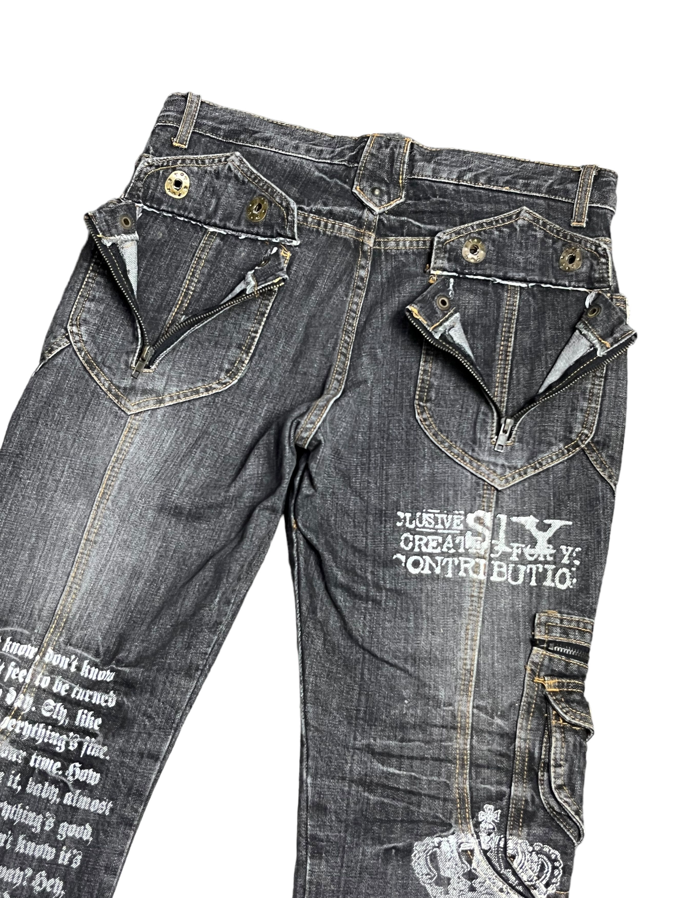 Japanese Brand 🔥EVOLUTION Retro Punk Poems Multipocket Flare Denim Jeans Size US 31 - 13 Thumbnail