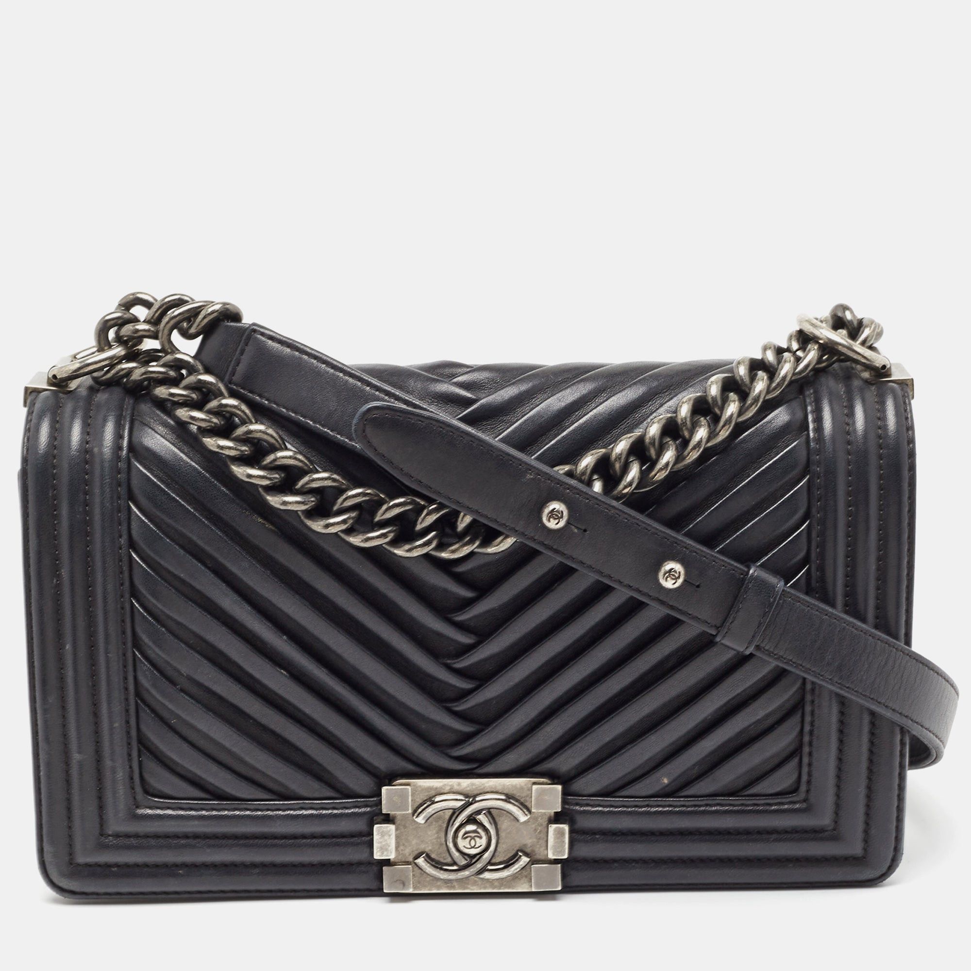 image of Chanel Black Chevron Pleated Leather Medium Boy Flap Bag, Women's