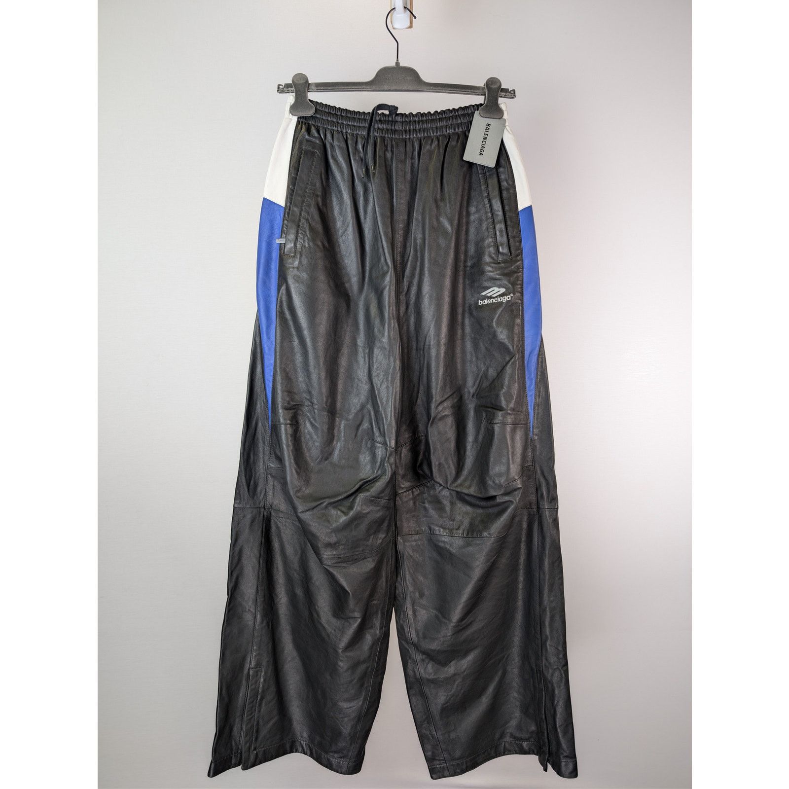 Balenciaga o1rshd1 Smooth Soft Leather Tracksuit Pants Black/Blue/White Size US 30 / EU 46 - 1 Thumbnail