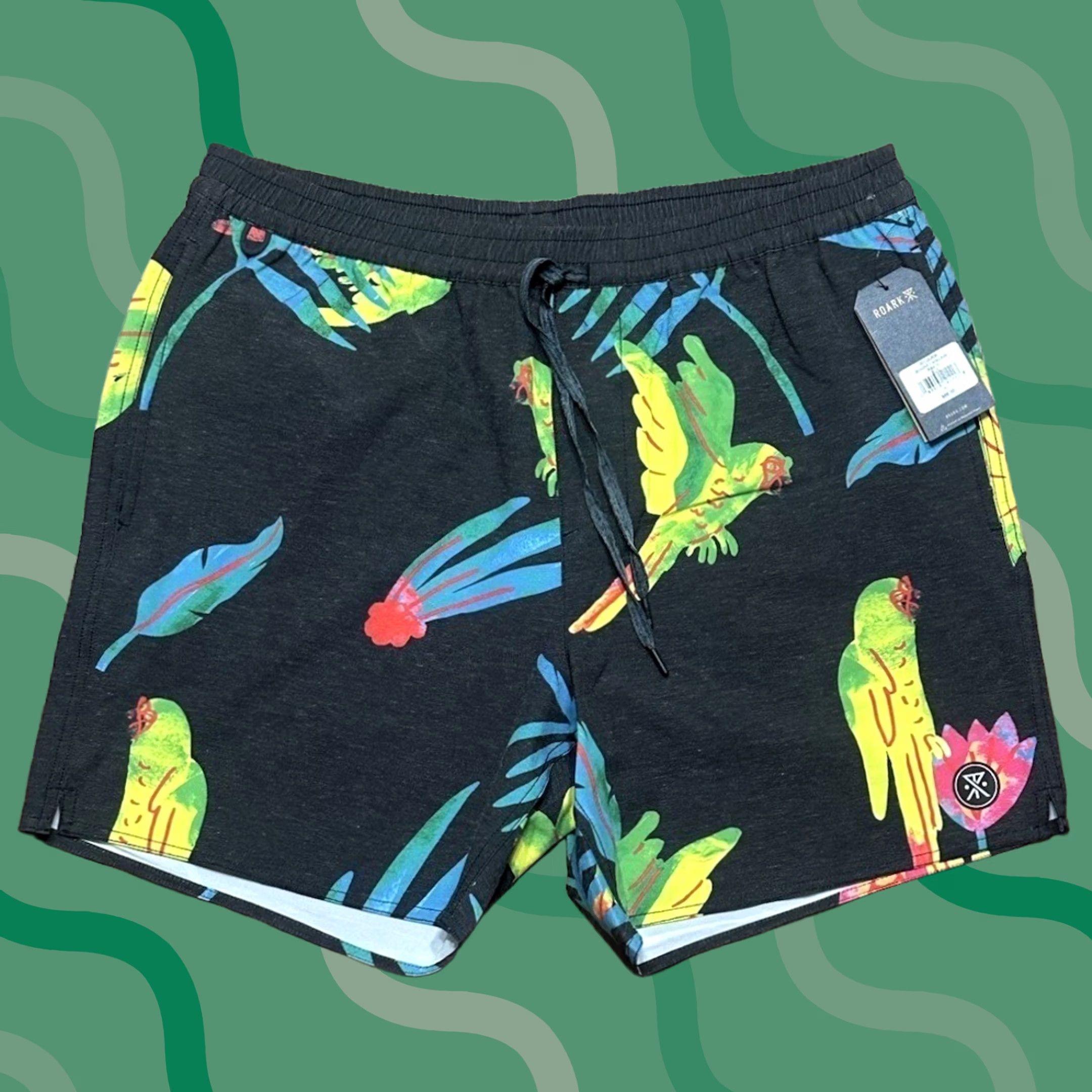 Roark Roark Board Shorts Mens L Black Hemp Blend Beach Surfing Tropical Birds Size US 33 - 1 Thumbnail