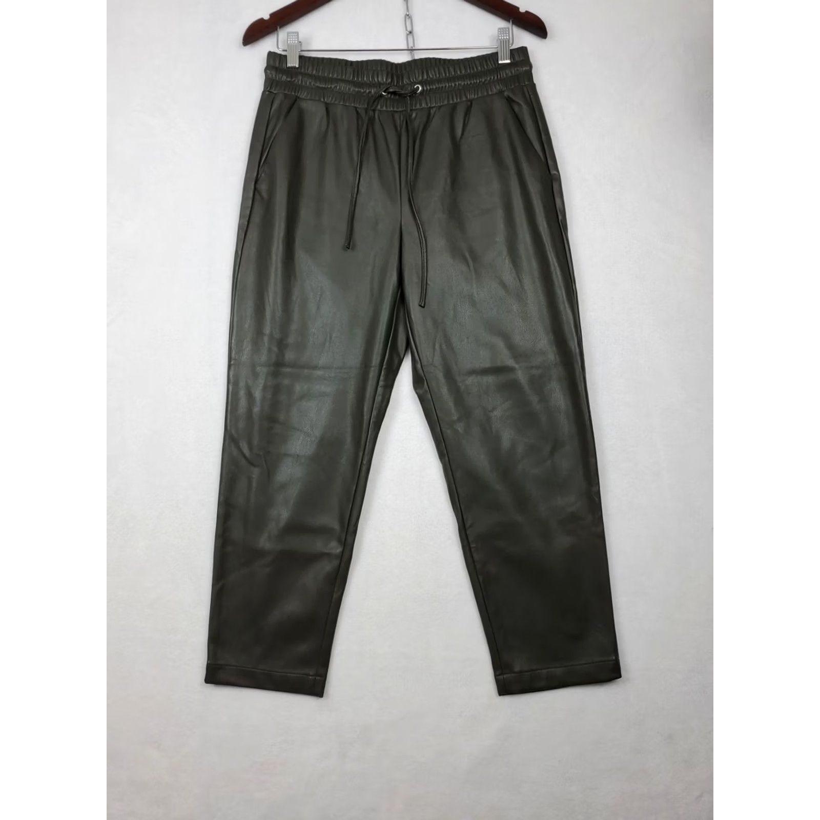 Loft VINTAGELOFT Olive Green Faux Leather Cropped Pants Elastic Drawstring Waist Size MP Size 32" / US 10 / IT 46 - 4 Thumbnail