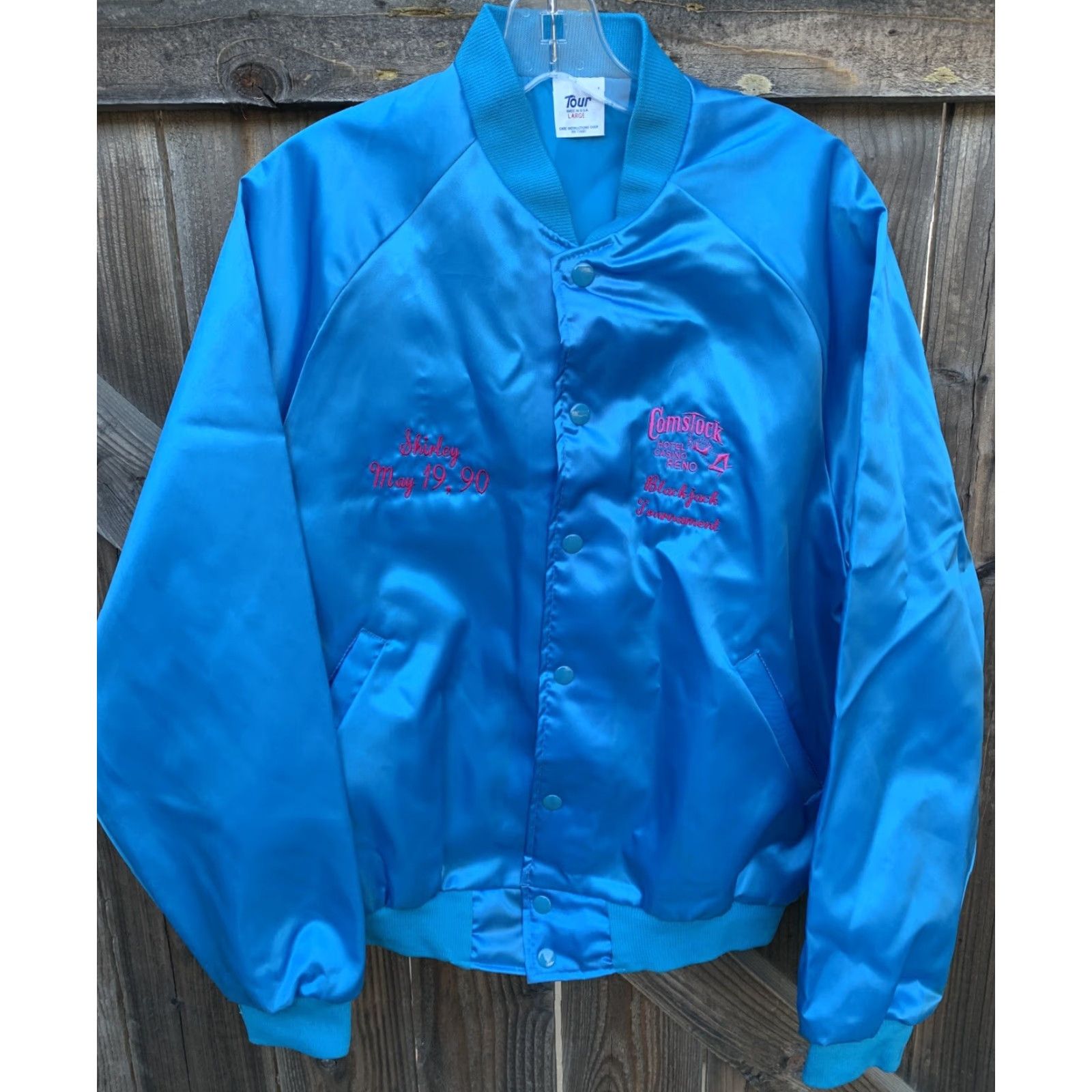 Vintage VINTAGE Tour Satin Jacket Unisex Adults L Blue Nylon Lining Embroidered 1990s 80s Casual Travel Pockets Snap Closure Size US L / EU 52-54 / 3 - 2 Thumbnail
