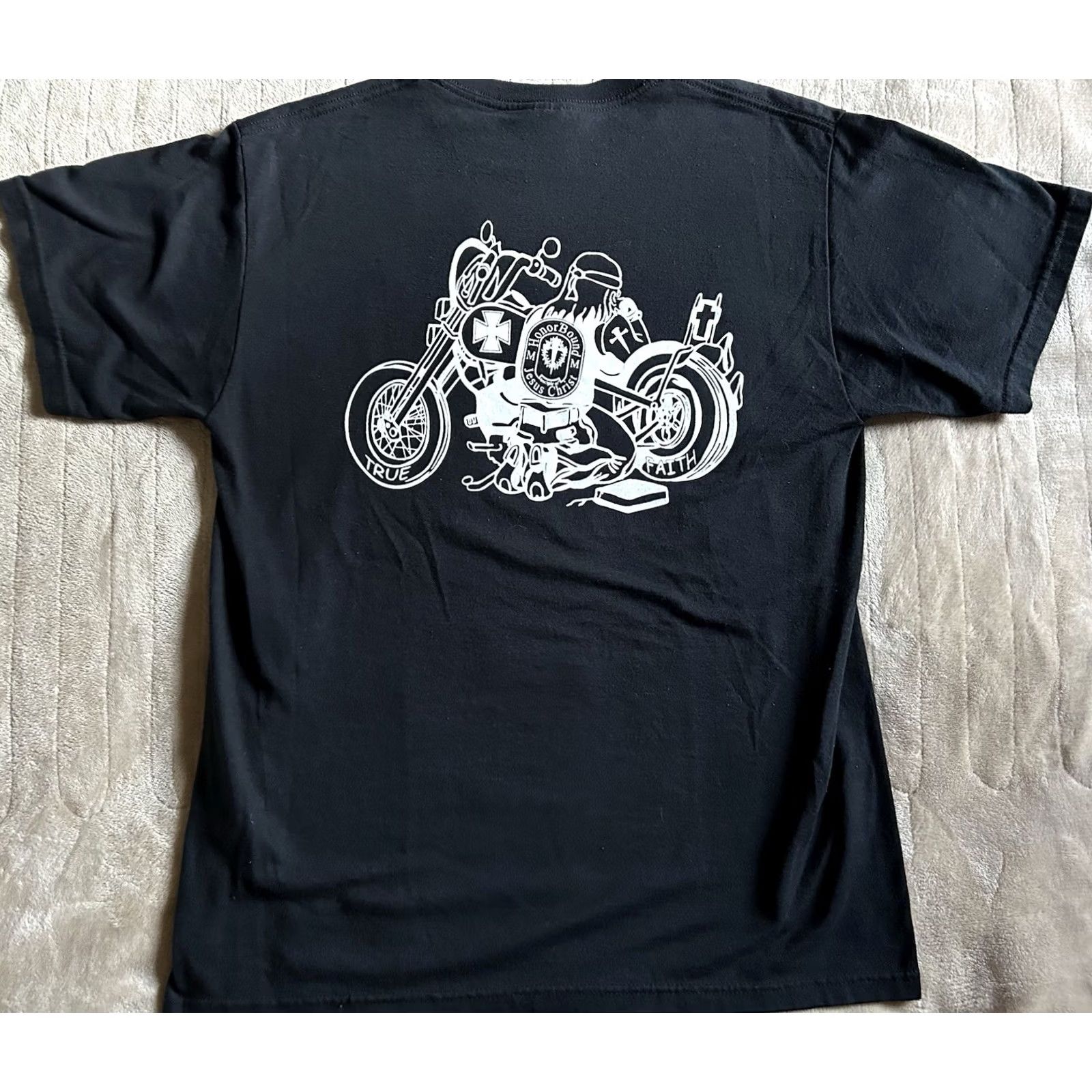 Fruit Of The Loom Jesus Motorcycle T Shirt Men M Black Cotton Blend Regular Short Sleeve Faith Biker 90s California Heart Religion Brand Fruit Of The Loom Size US M / EU 48-50 / 2 - 2 Thumbnail