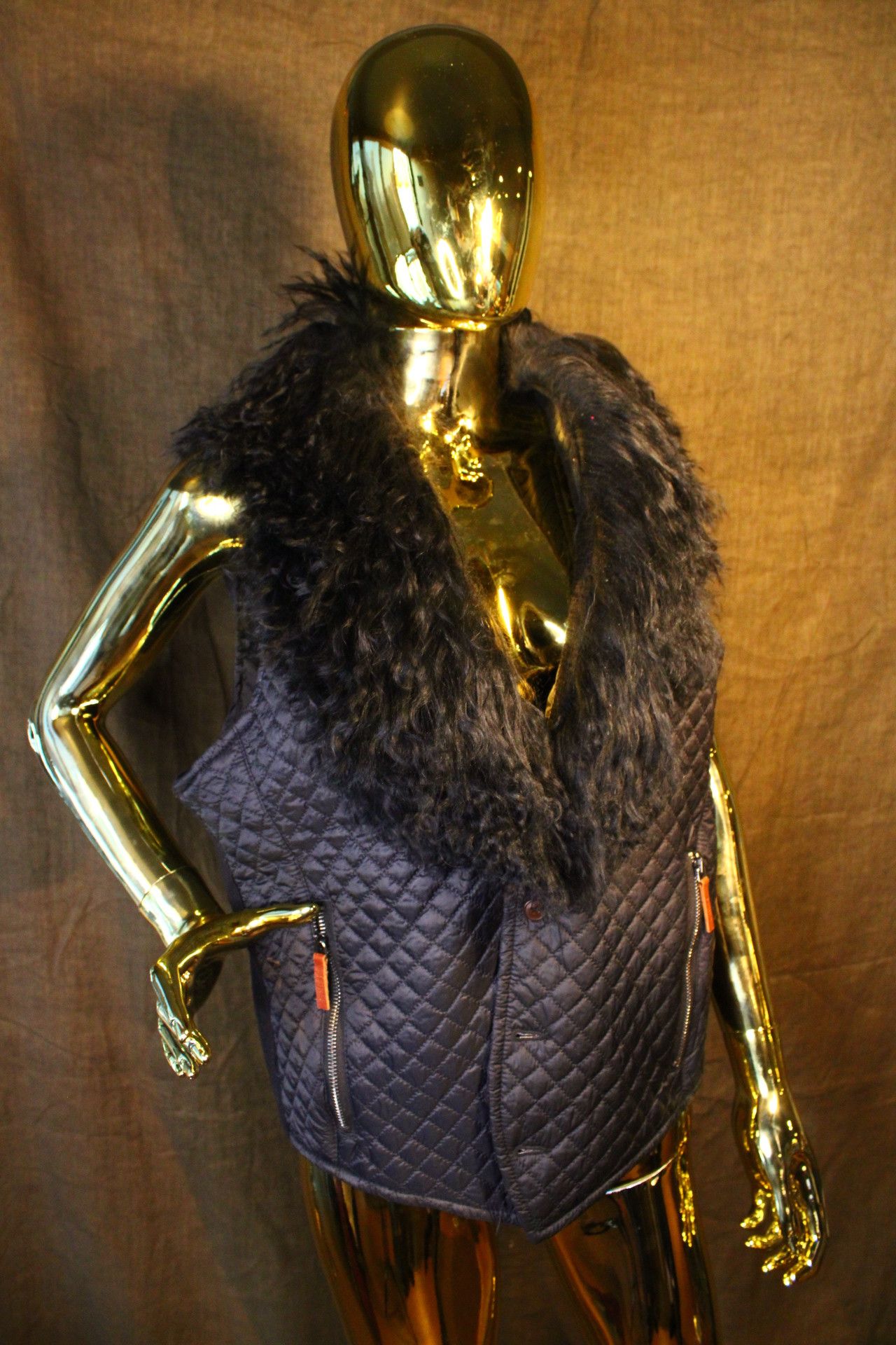 Vintage Black Quilted Vest with Real Mongolian Fur Collar Size US L / EU 52-54 / 3 - 5 Thumbnail