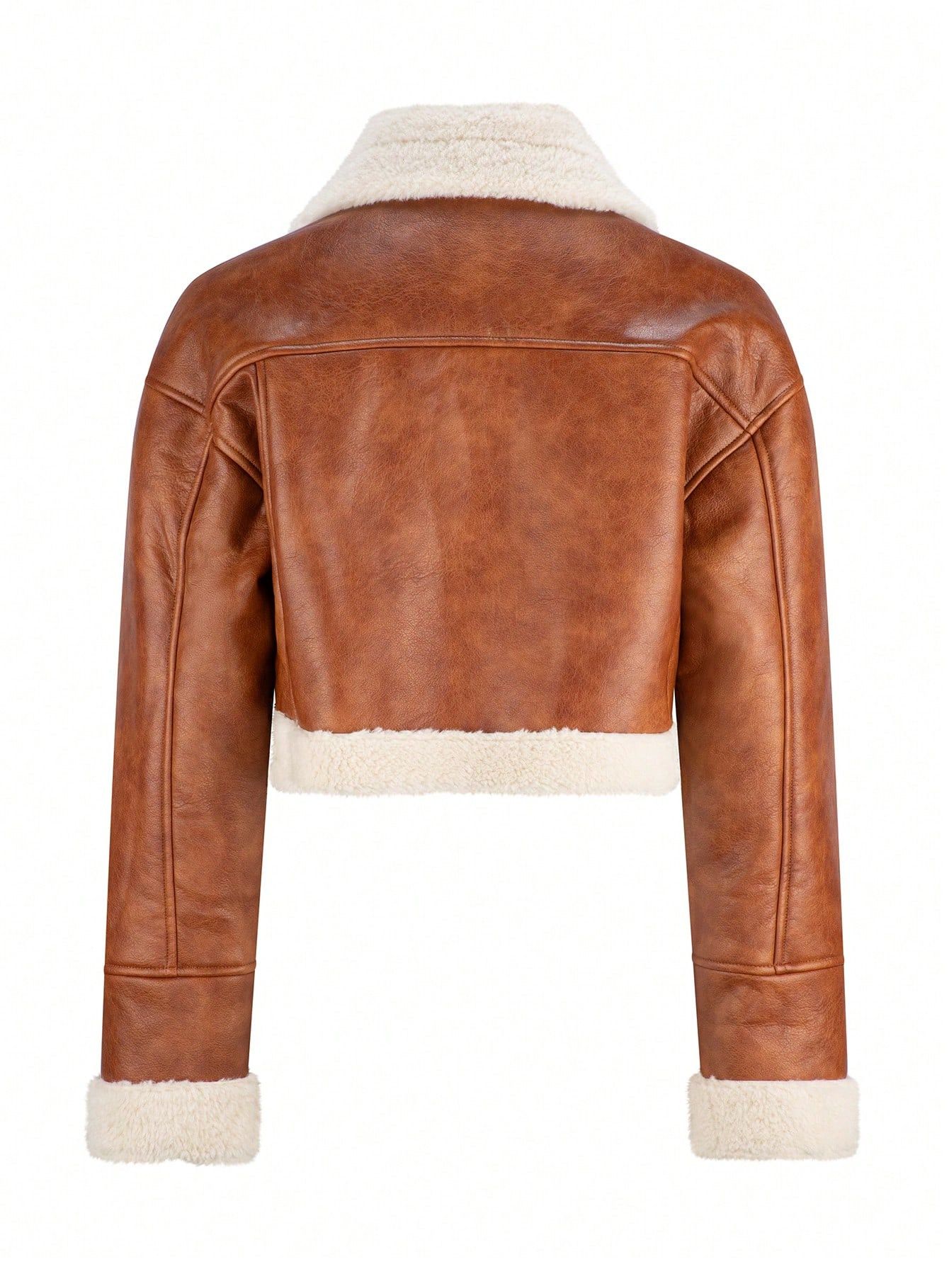 Other Womens Brown Real Leather Aviator Jacket, Shearling Trim Size S / US 4 / IT 40 - 2 Thumbnail