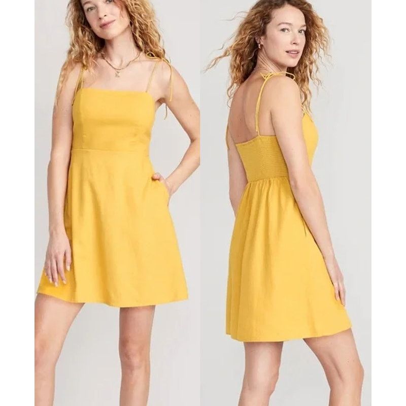 Old Navy Old Navy Tie-Strap Smocked Fit & Flare Mini Dress Yellow M Size M / US 6-8 / IT 42-44 - 1 Thumbnail