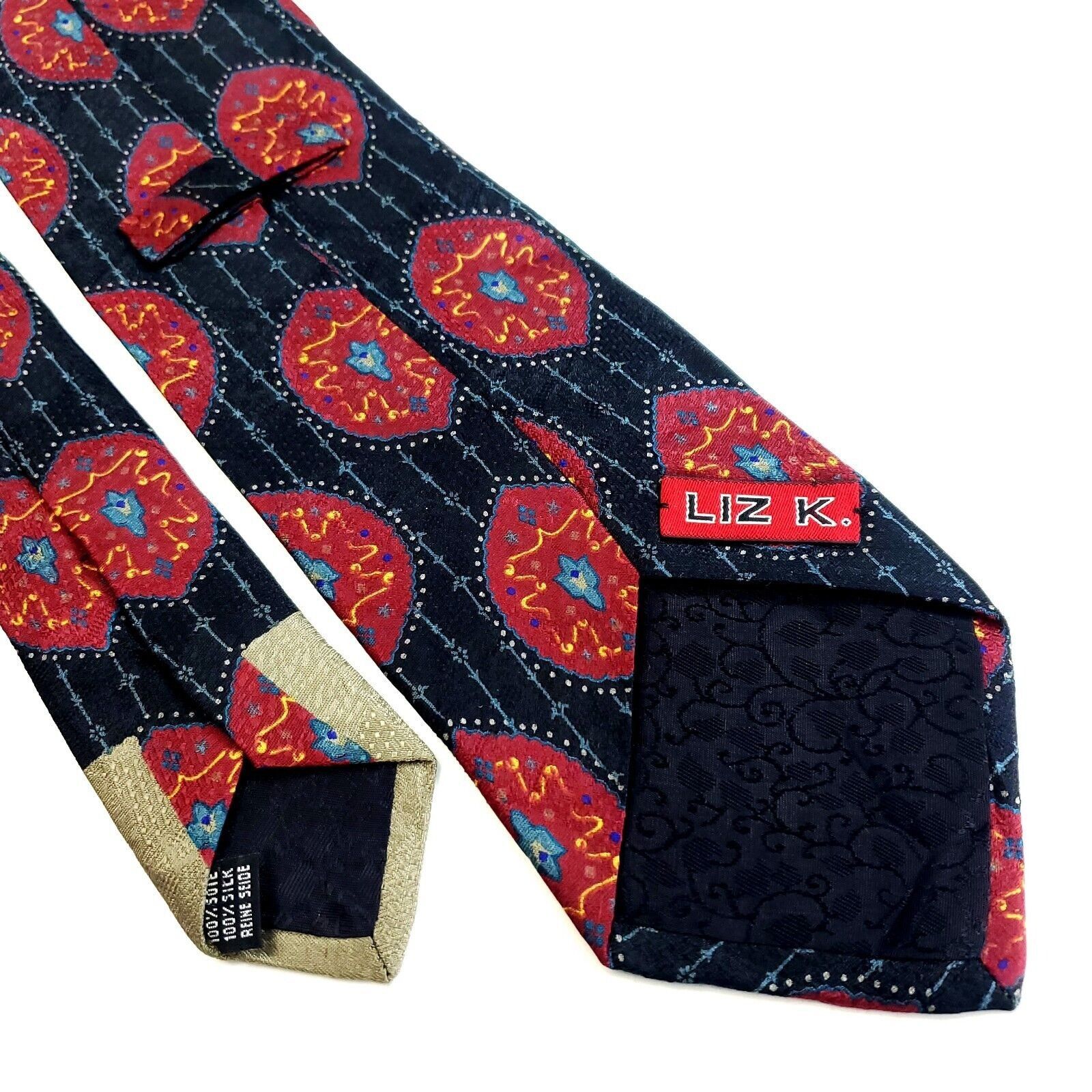 Designer Liz K Jacquard Print Red Black Abstract Short Wide Silk Tie Size ONE SIZE - 5 Thumbnail