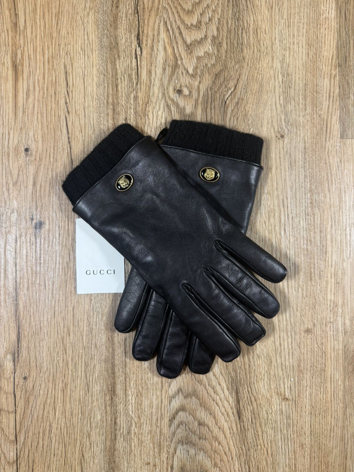 Gucci Gucci Tiger Head Nappa Leather & Cashmere Gloves – Black Size ONE SIZE - 1 Thumbnail