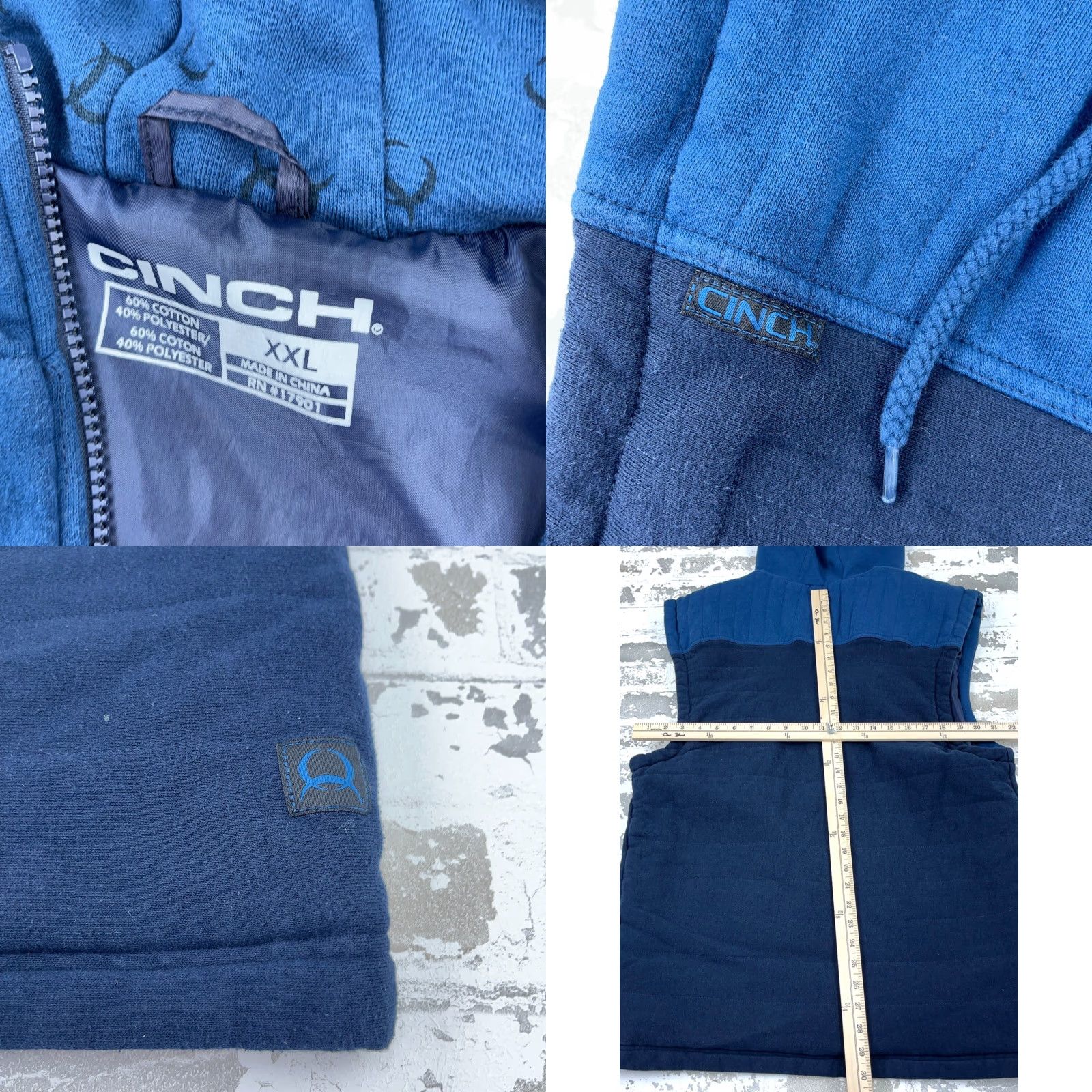 Vintage Cinch Vest Men 2XL Blue Jacket Hooded Sleeveless Full Zip Adult Size US XXL / EU 58 / 5 - 8 Thumbnail