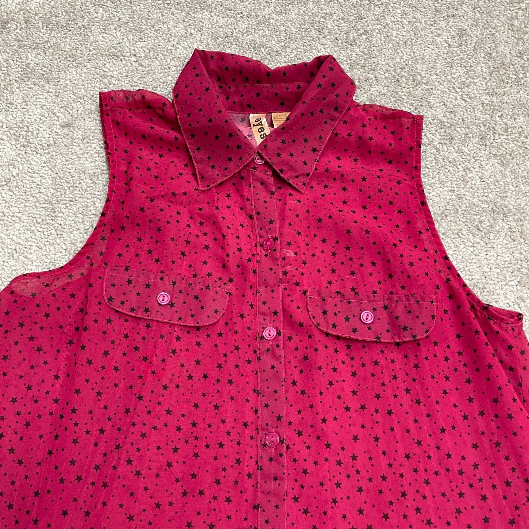 Pinko Eyeshadow Shirt Womens Large Pink Stars Button Down Pleated Sheer Hi-Lo Casual Sleeveless, Regular Fit, Color Pink, Polyester, Button, Chiffon, Lazy? Size L / US 10 / IT 46 - 3 Thumbnail