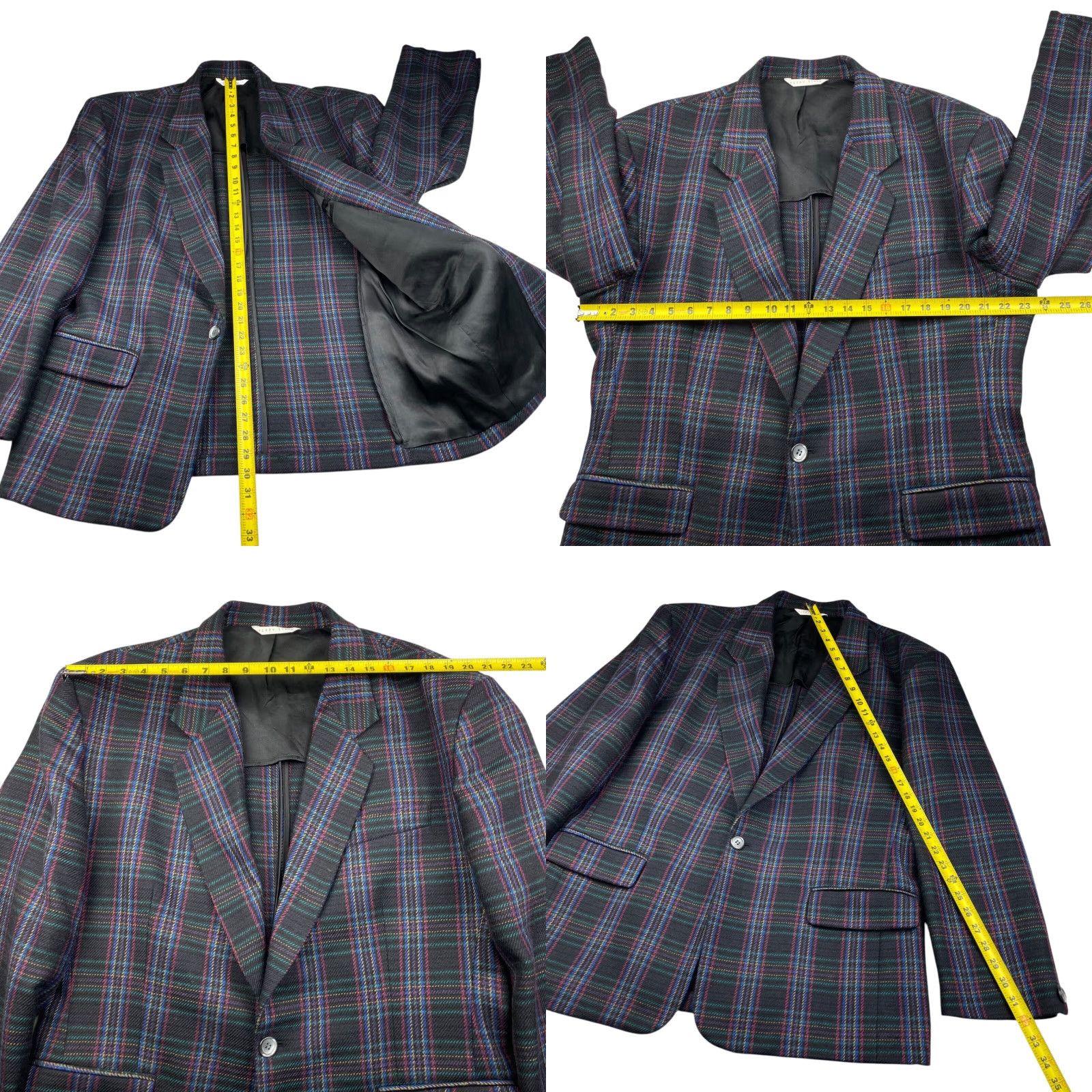 Perry Ellis VTG Perry Ellis Men's 100% Wool Knit Blazer Black Colorful Plaid 44R One-Button Notch Lapel Jacket/Coat Size 44R - 8 Thumbnail