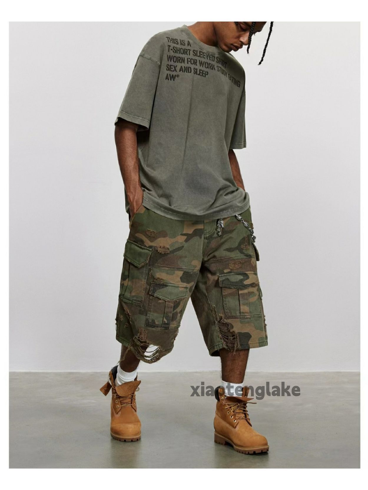 Unisex ripped damaged punk hiphop camo cargo shorts