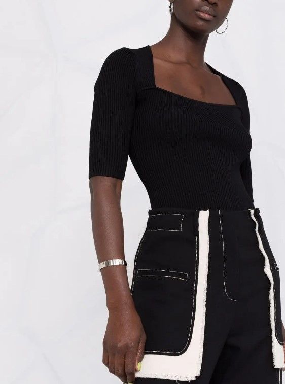 Ganni GANNI square-neck ballerina ribbed knit top in black. Size L Size L / US 10 / IT 46 - 1 Thumbnail
