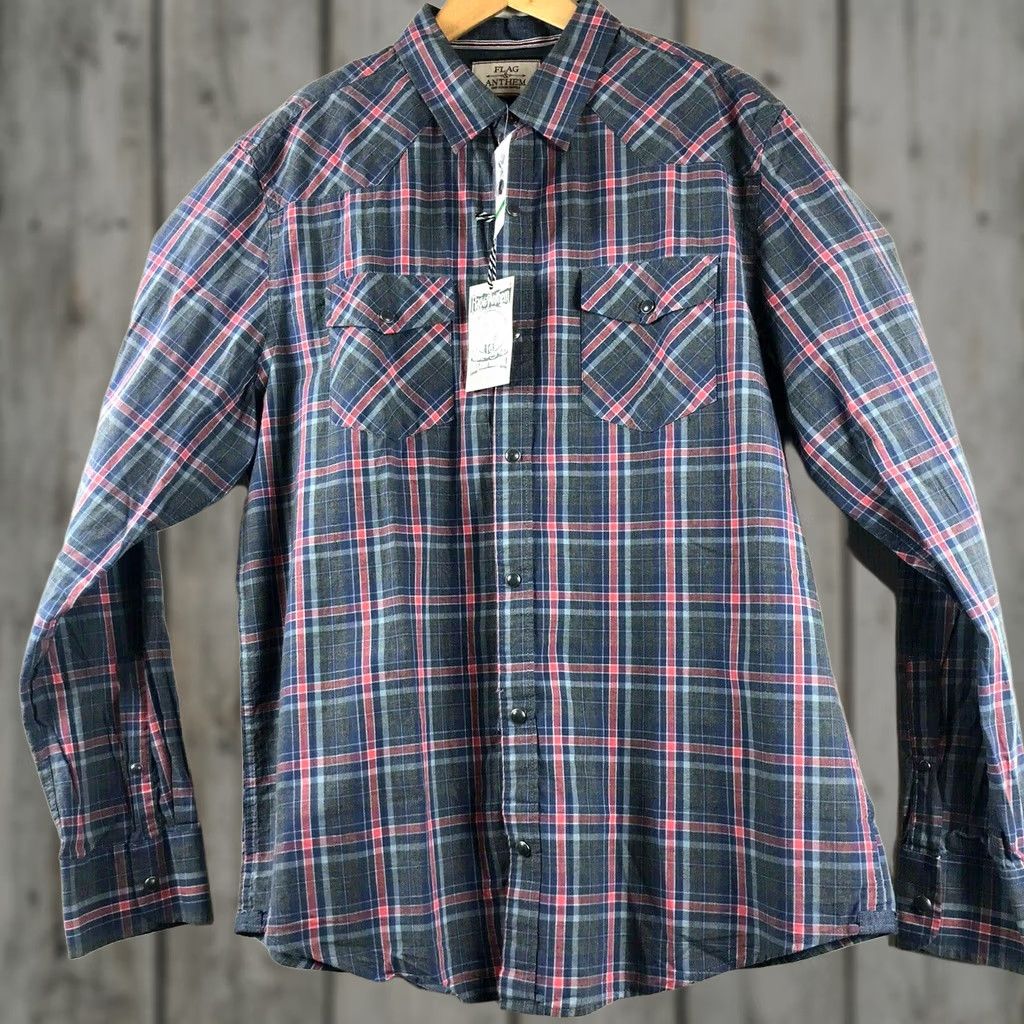 Flag & Anthem Flag & Anthem Shirt Mens M Pearl Snap Long Sleeve Western Gray Plaid Cotton Button-Up N/A Size US M / EU 48-50 / 2 - 1 Thumbnail