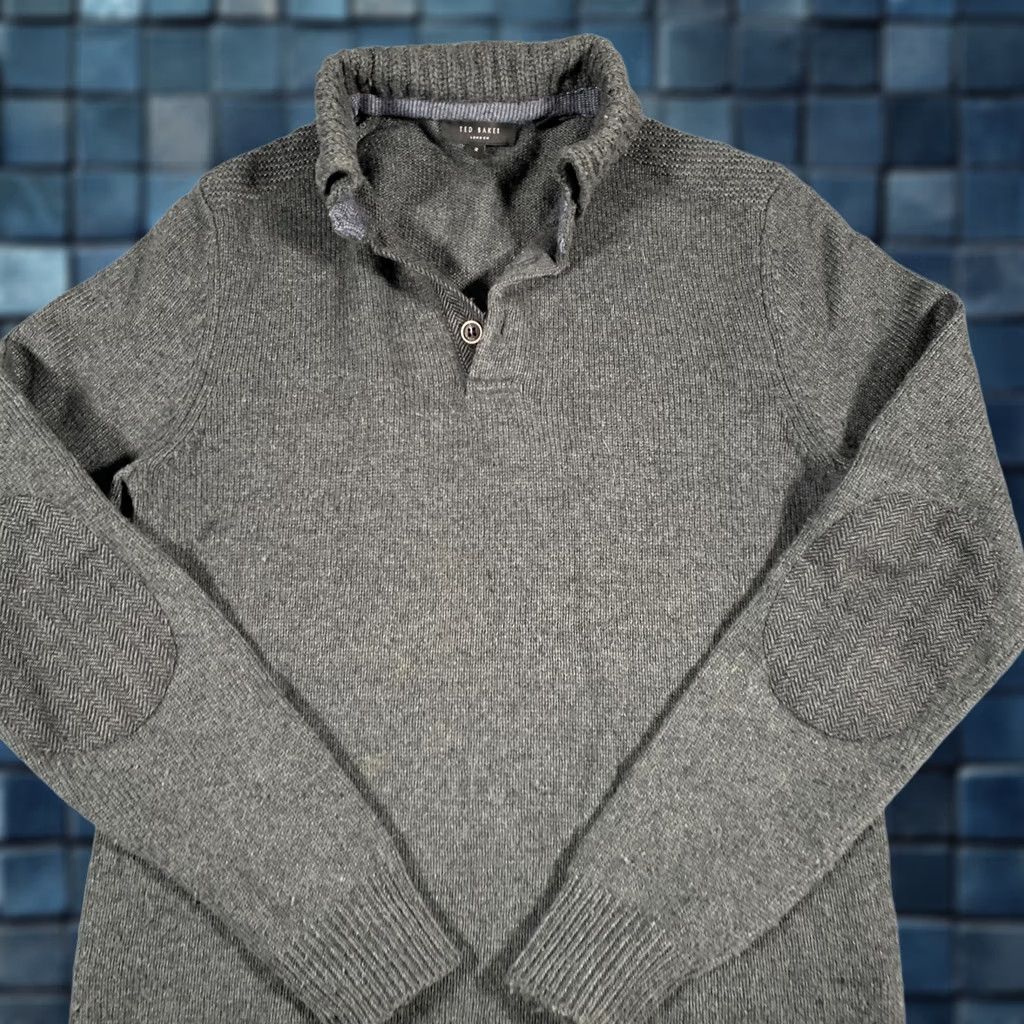 Ted Baker Ted Baker Sweater Mens Medium Gray Wool Blend Shawl Collar Elbow Patch Pullover Size US S / EU 44-46 / 1 - 1 Thumbnail