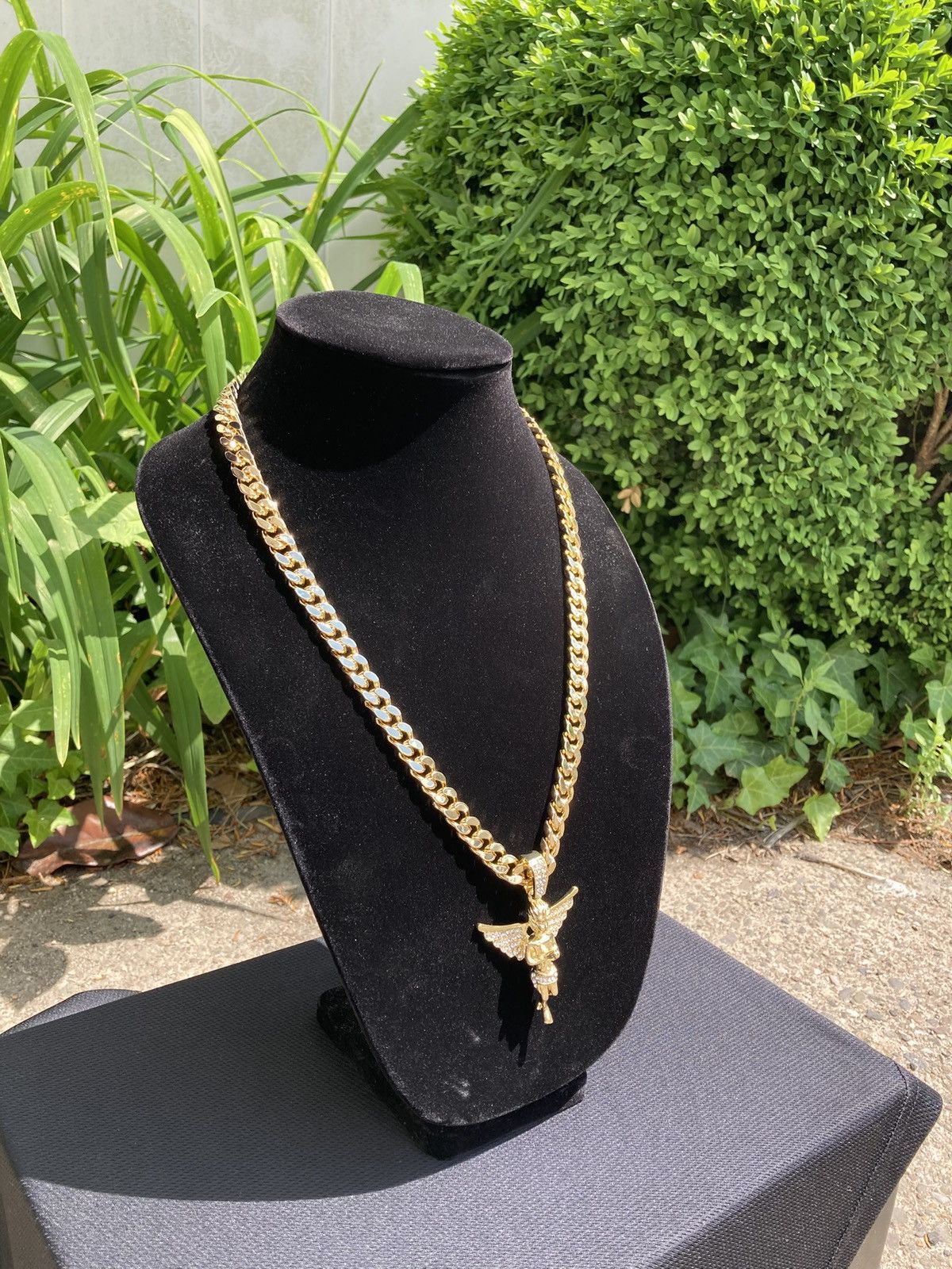Jewelry Gold Chain Cuban Necklace 24in 8mm and Icy Angel Pendant Size ONE SIZE - 2 Thumbnail