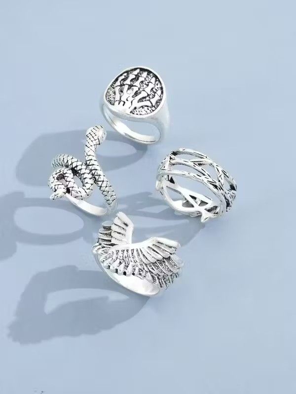 Jewelry × Vintage Retro Punk Gothic Silver 4pc Ring Set Size ONE SIZE - 3 Thumbnail