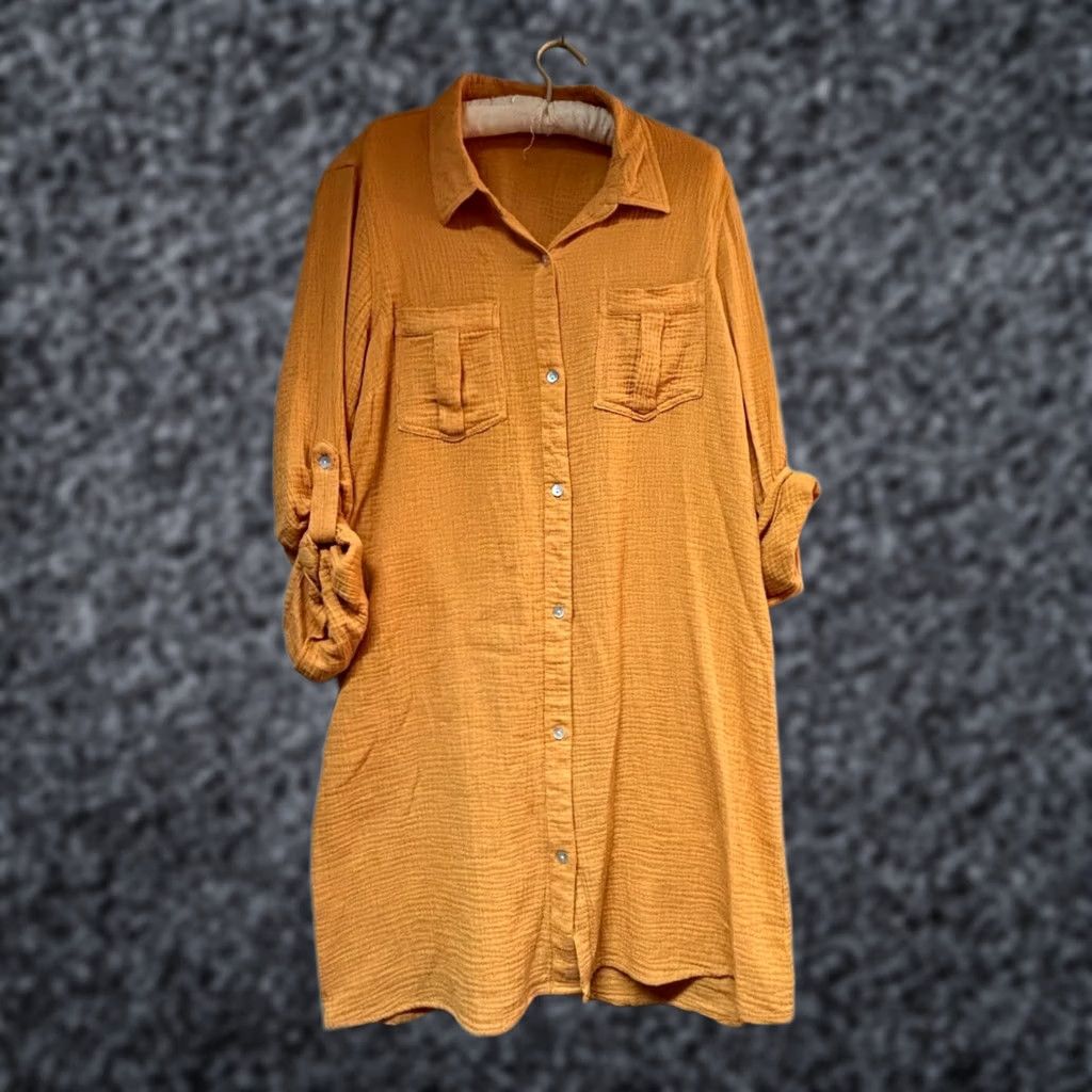 Vintage Given Kale Women's Shirt Dress Mustard Pockets Roll Tab Sleeve Gauze 100% Cotton L Size L / US 10 / IT 46 - 1 Thumbnail