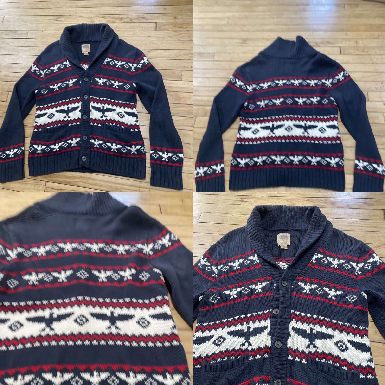 Vintage Salt Valley Cardigan Sweater L Blue Red White Cotton Knit Shawl Collar Casual Mens 90s Lebowski Aztec Fair Isle Pockets Size US L / EU 52-54 / 3 - 10 Thumbnail