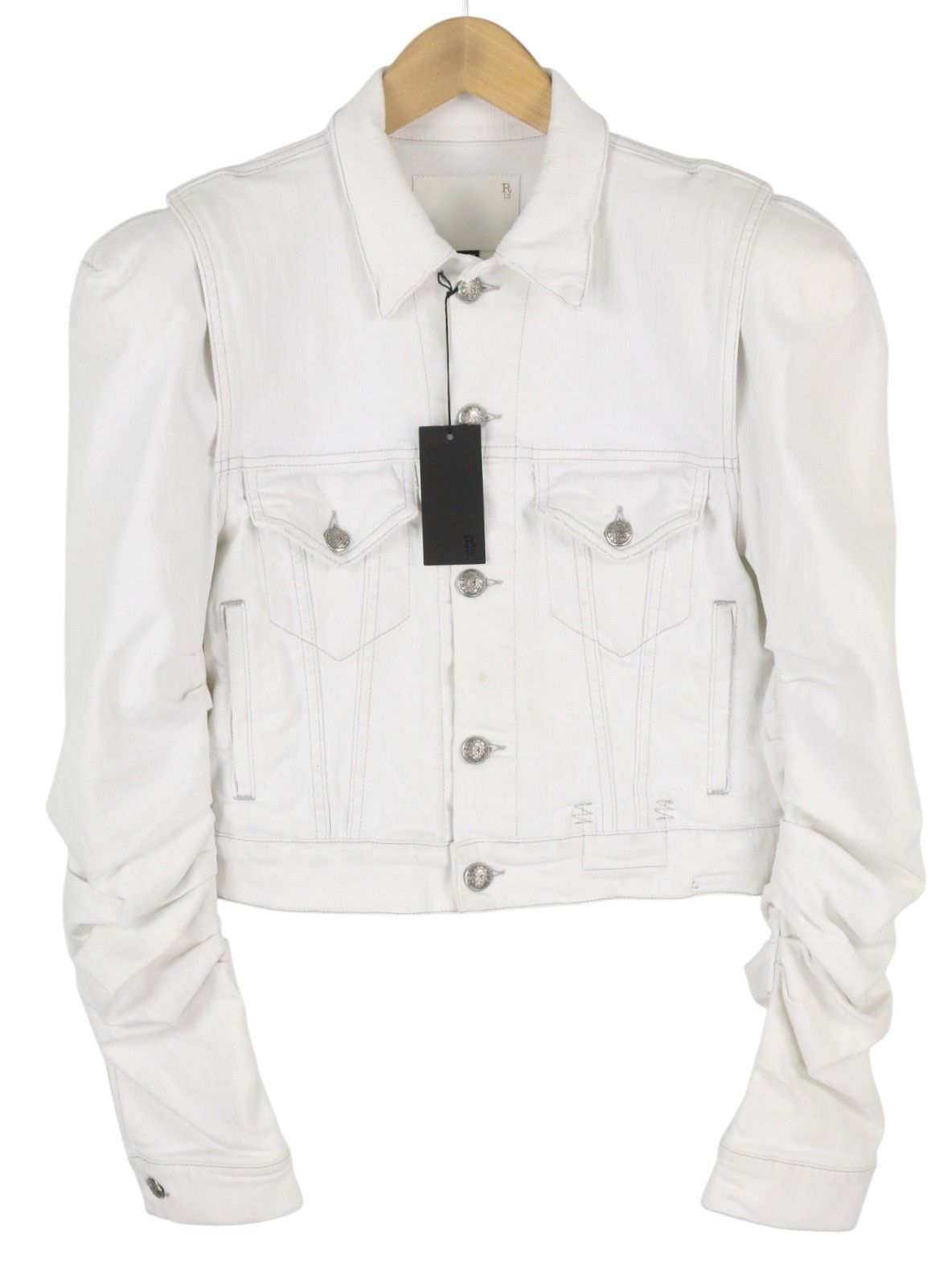 R13 KELSEY SHIRRING DENIM M Ibrooke White Shoulder Pads 86173 Size M / US 6-8 / IT 42-44 - 1 Thumbnail