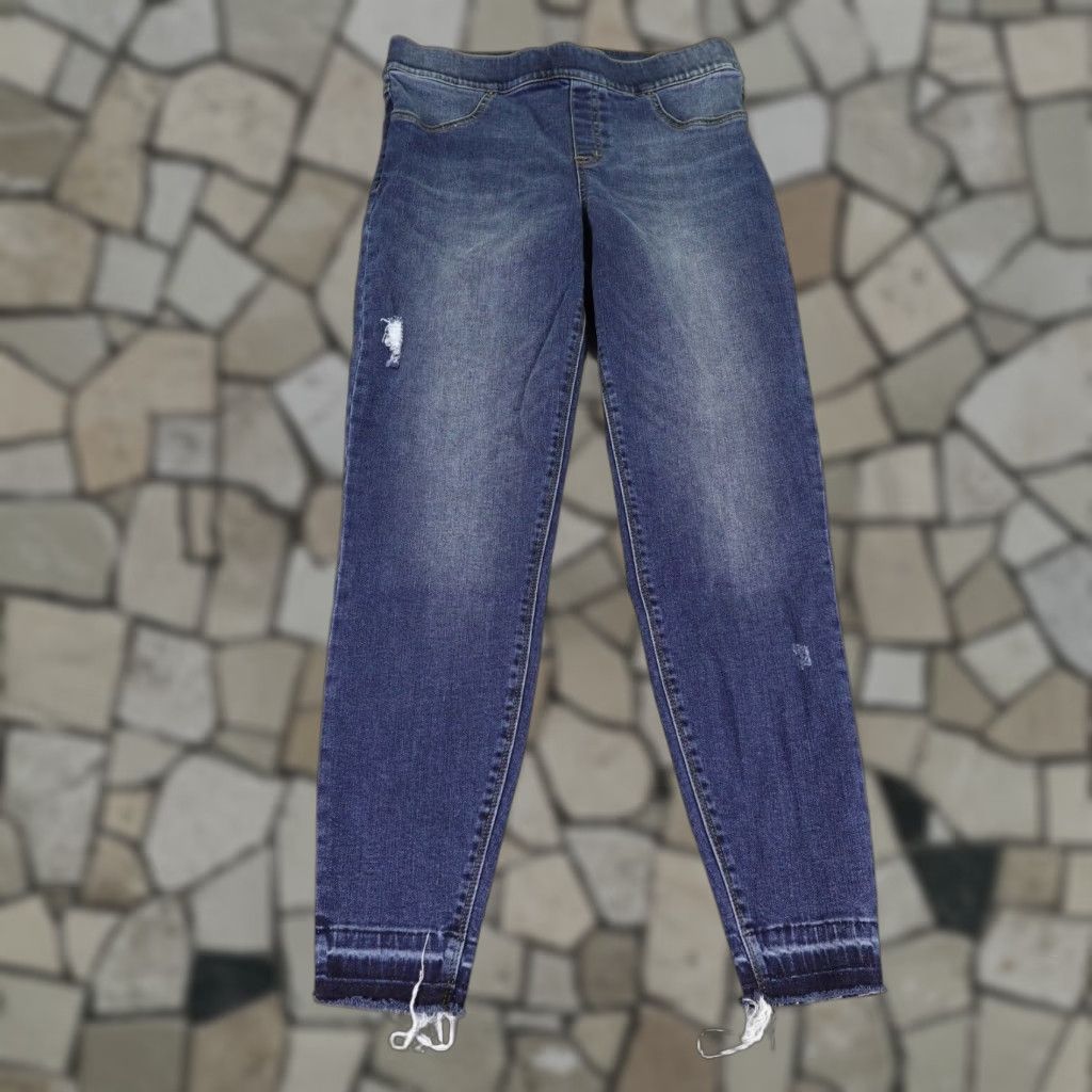 VINTAGE Spanx Jeans Womens Large Blue Denim Skinny Ankle Distressed Raw Hem Pants Flex