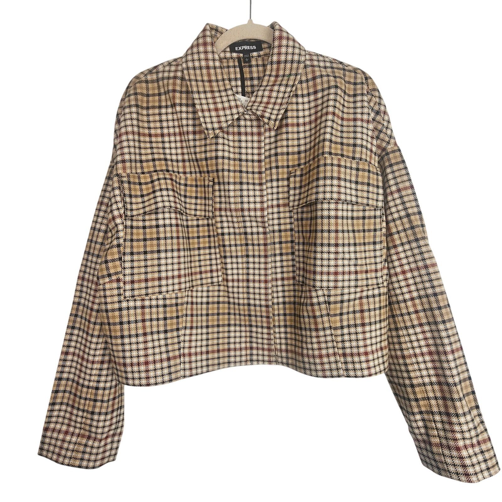 Express Express Womens Plaid Boxy Snap Front Cropped Jacket Size L Size L / US 10 / IT 46 - 1 Thumbnail