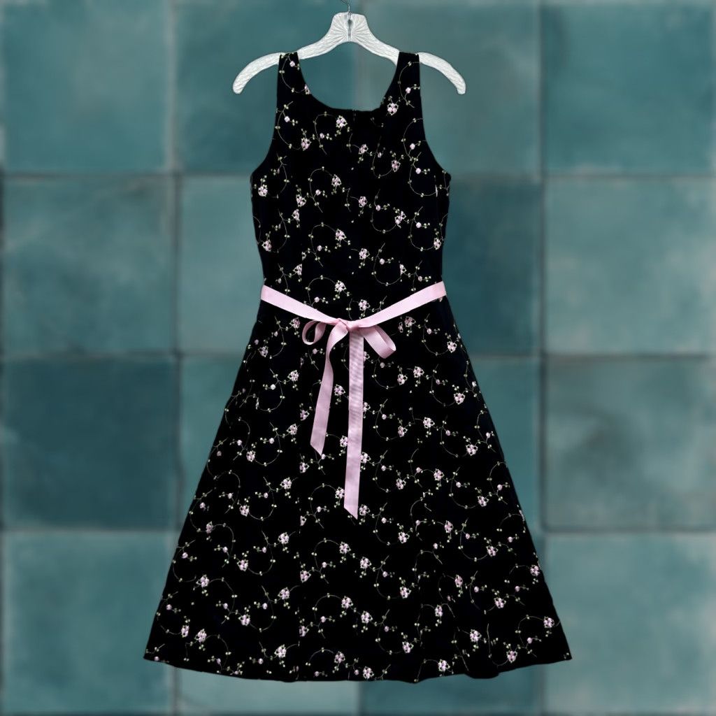 Vintage VINTAGE 90s Y2K A-Line Midi Dress Black Pink Floral Linen Blend Empire Large 10 Girls? Size L / US 10 / IT 46 - 1 Thumbnail