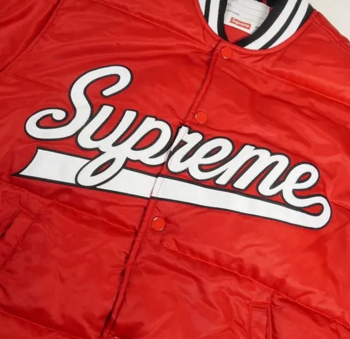 Supreme 16AW SUPREME Script Varsity Puffy Jacket Red | Grailed