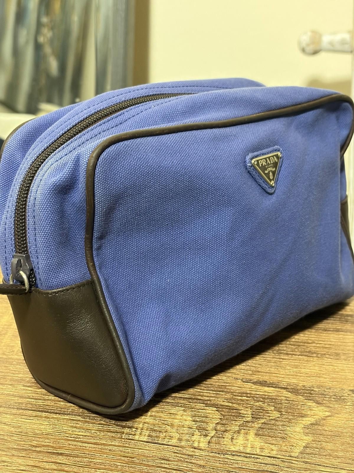 Prada Prada Blue Canvas Brown Leather Logo-Lined Clutch Pouch Bag Size ONE SIZE - 2 Thumbnail