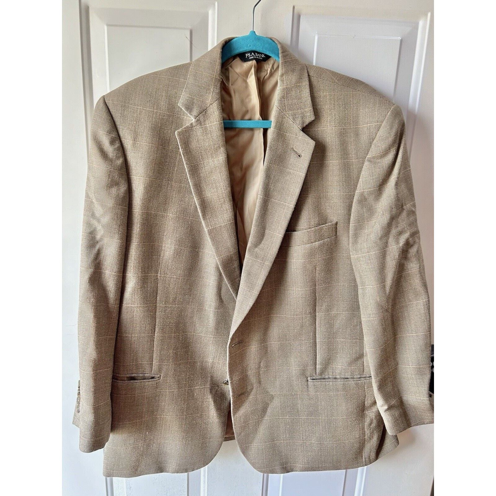 Jos A Bank Tan Silk Wool Glen Plaid Blazer Jacket Mens 46R