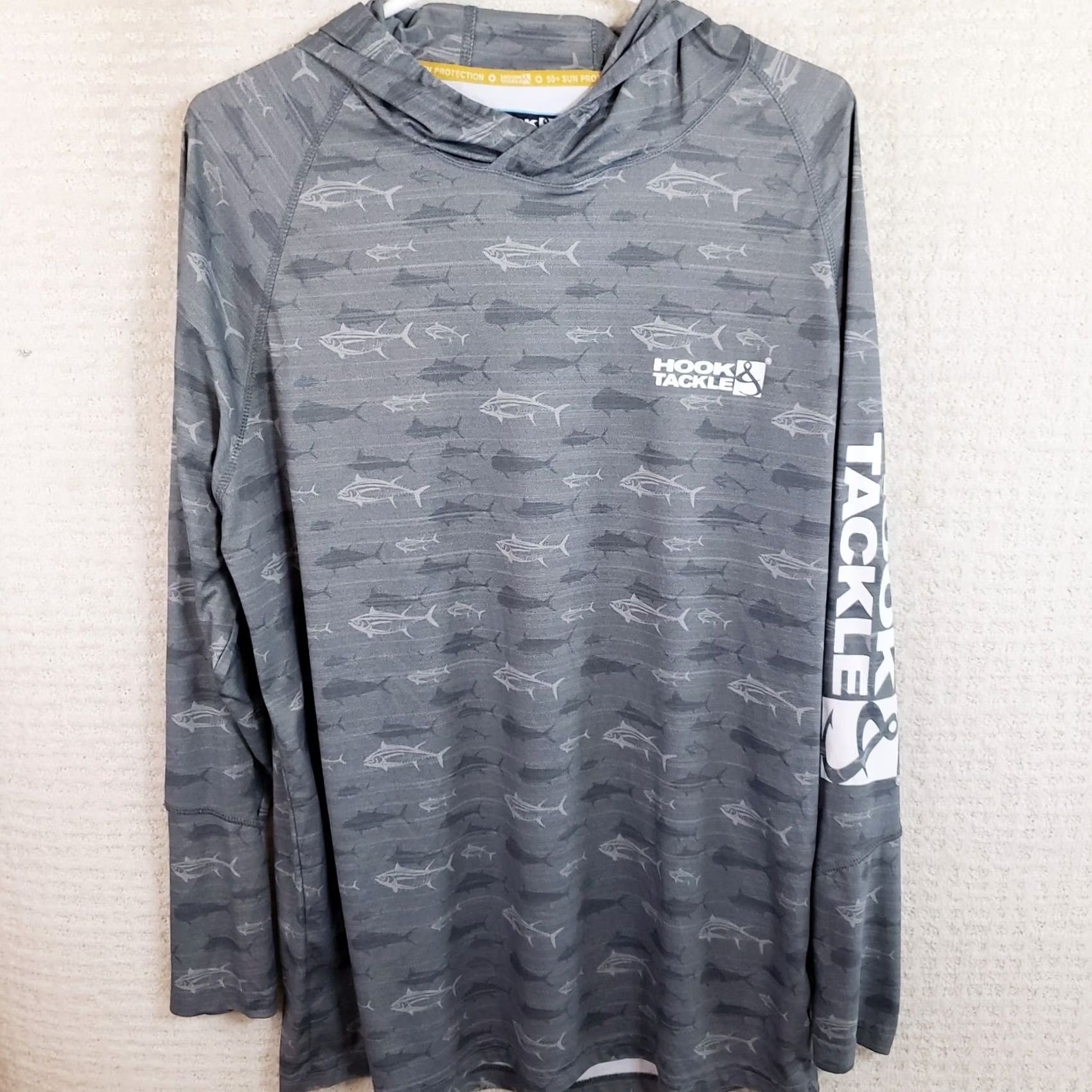 Vintage Hook & Tackle Hoodie Shirt Men L Gray Fish Pattern Long Sleeve Lightweight 50spf Hooded Size US L / EU 52-54 / 3 - 2 Thumbnail