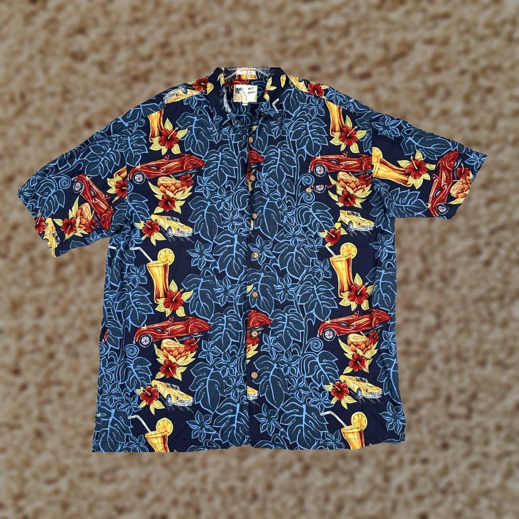 Vintage M.E Sport Shirt Mens 2XLT Blue Short Sleeve Button Up Hawaiian Cars Cocktail Hibiscus Tropical Graphic Print Casual Summer Size US XXL / EU 58 / 5 - 1 Thumbnail
