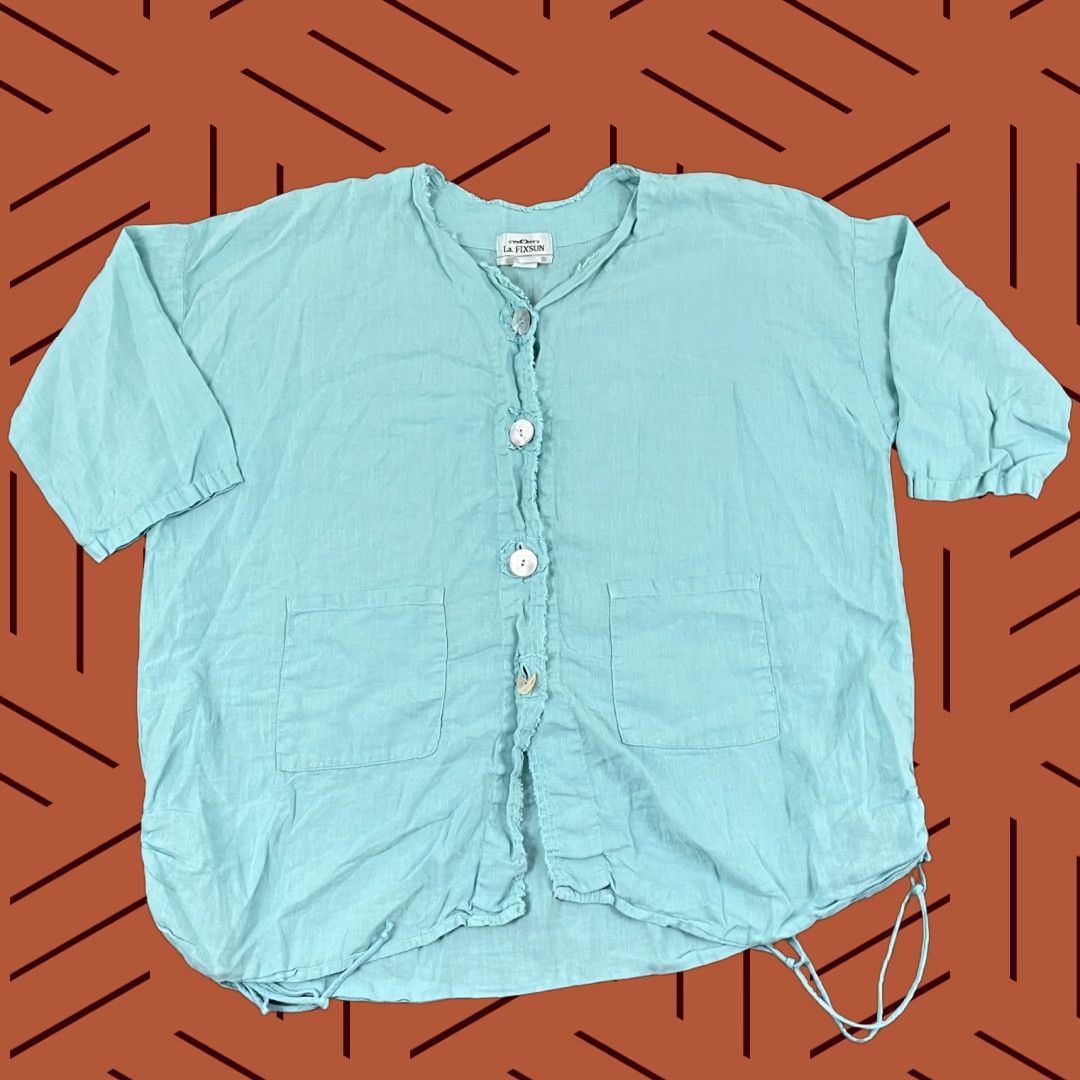 Vintage VINTAGE LA. FIXSUN Button Up Shirt Womens Large Oversized Boxy Blue Linen Side Shirring Size L / US 10 / IT 46 - 1 Thumbnail