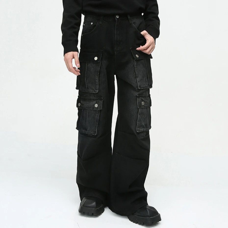 image of Distressed Denim Multi Pocket Cargo Denim Pants in Black, Men's (Size 30)