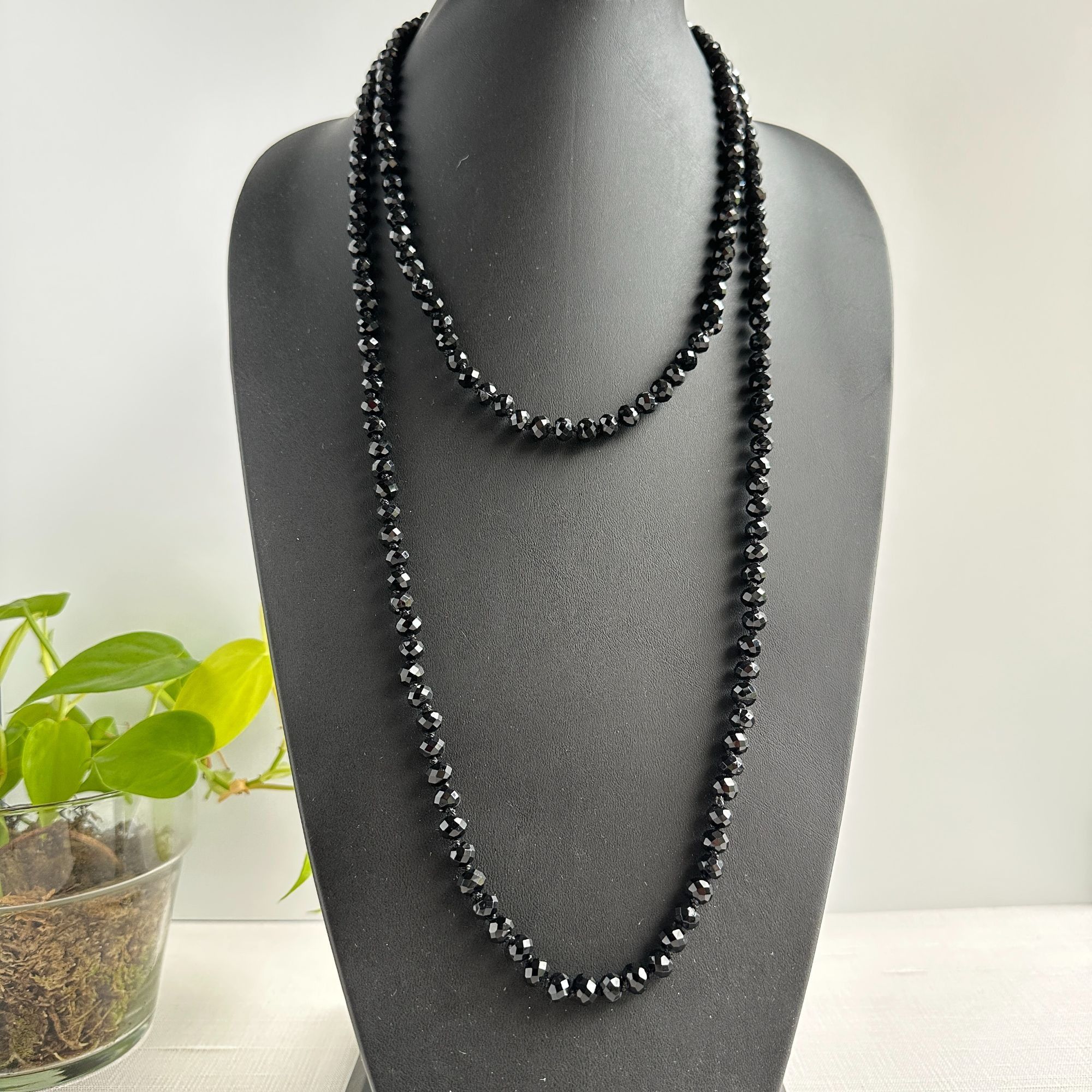 1920s Art Deco Black Faceted Glass Opera Necklace