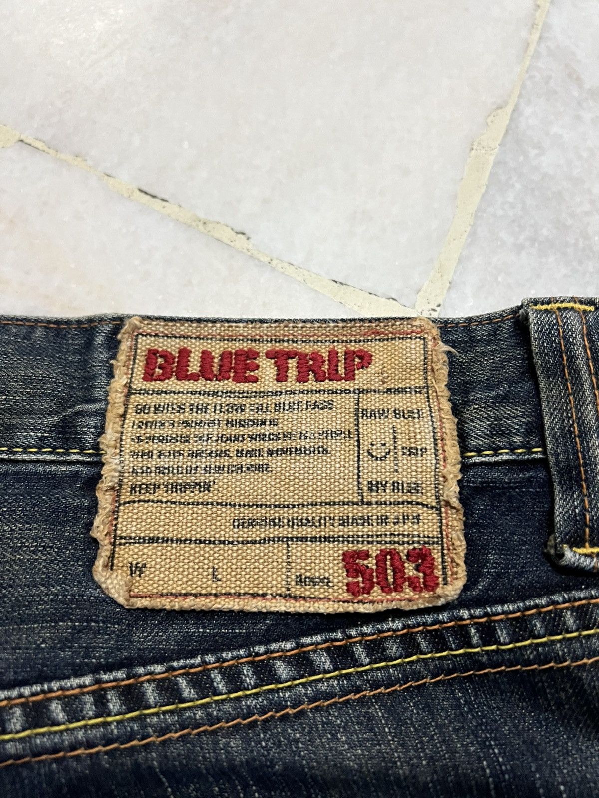 Edwin × Vintage 💥Flare💥Edwin 503 Blue Trip Distress Jean Size US 35 - 25 Thumbnail