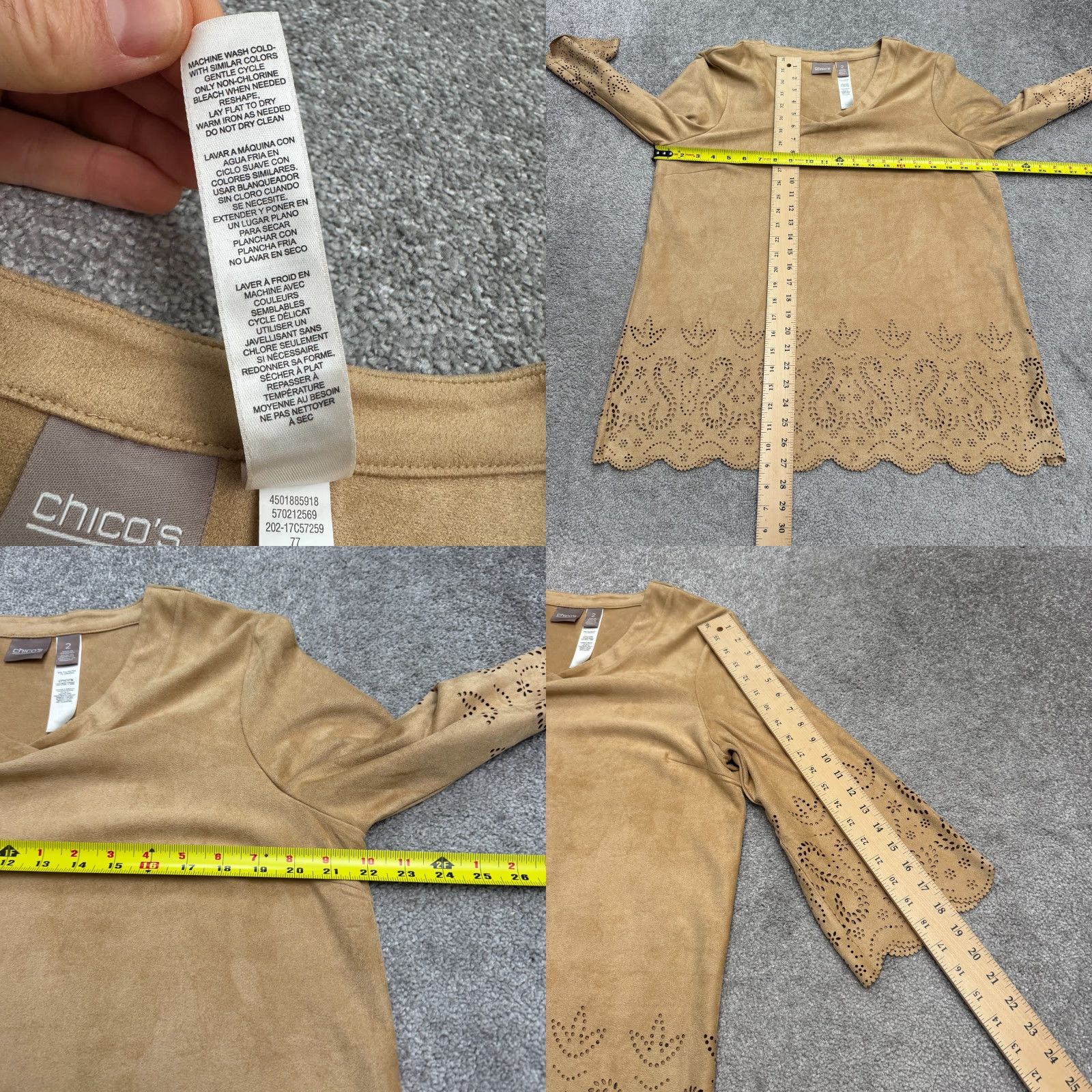 Vintage Chico's Blouse Tunic Long Sleeve V-Neck Brown Tan Faux Suede Lace Cut Eyelet Scalloped Hem Womens L Regular Bohemian Classic Casual Shirt Size L / US 10 / IT 46 - 8 Thumbnail