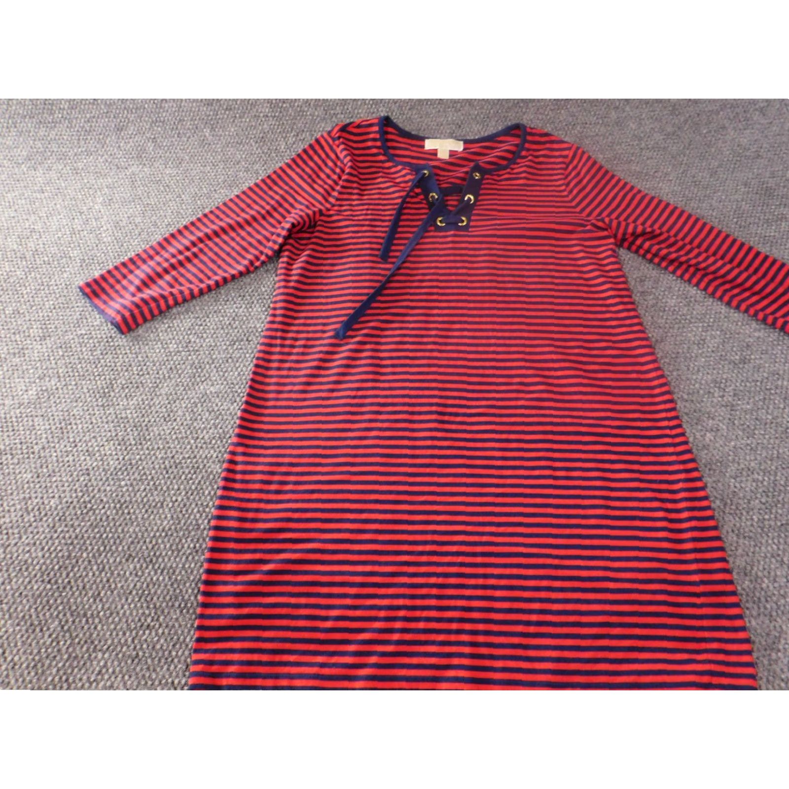 Michael Kors Dress Large Red Striped Womens Knit A-Line Knee Length Casual  Round Neck Long
