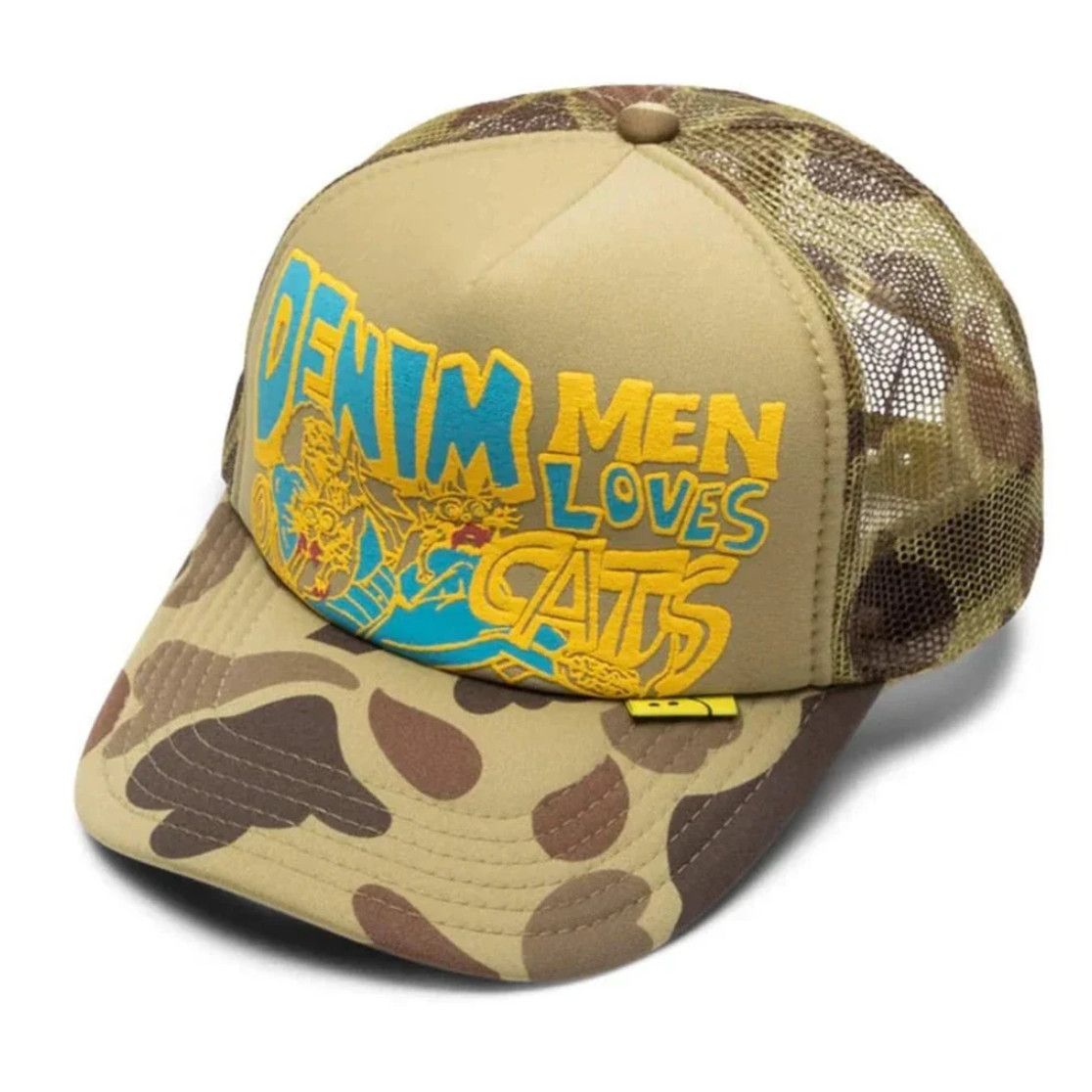 image of Kapital Denim Men Love Cats Camo Trucker Cap in Green