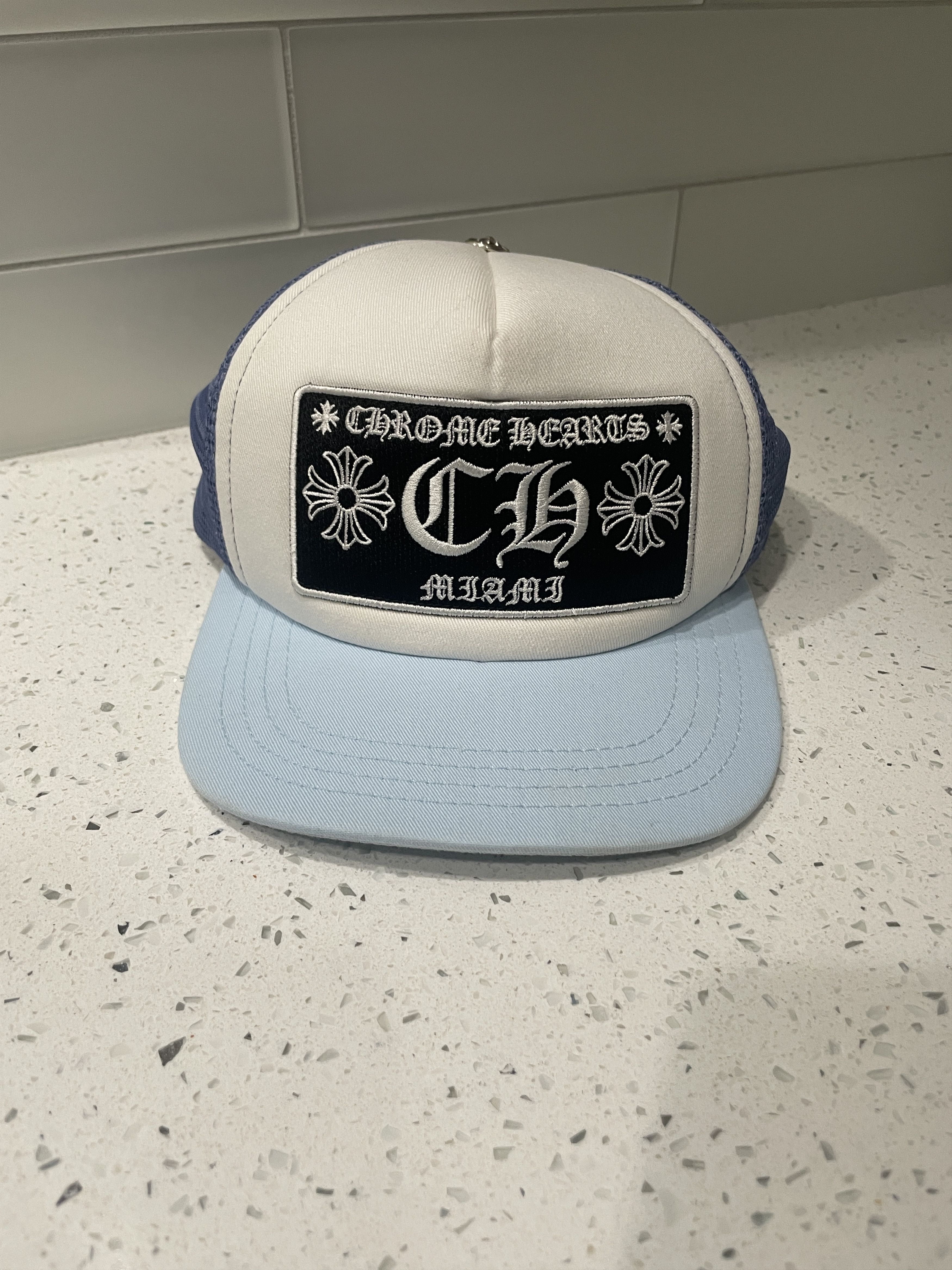 Pre-owned Chrome Hearts Miami Exclusive Trucker Hat In Baby Blue/white
