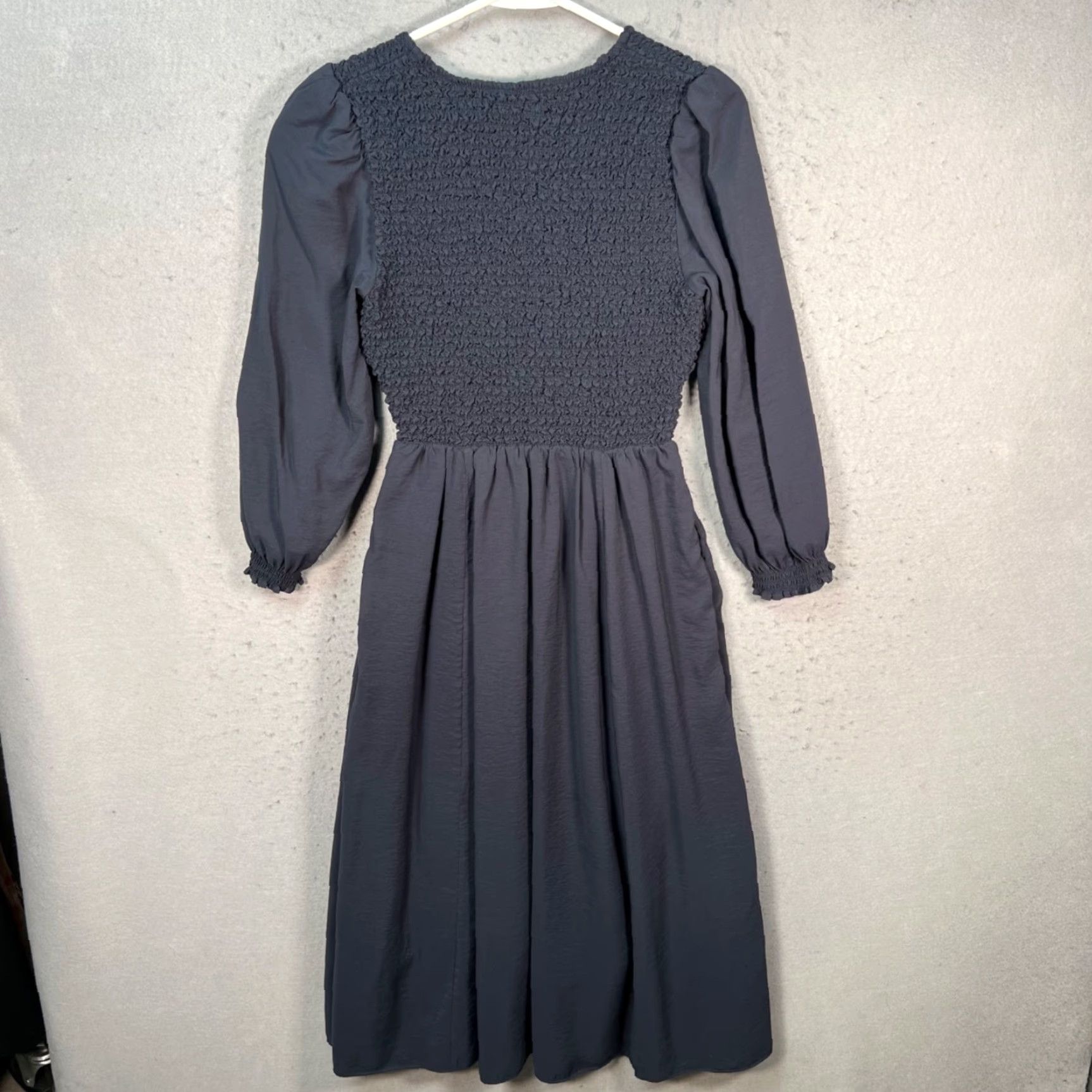 Vintage Wilfred Womens Small Smocked Midi Dress Long Sleeve V-Neck Slate Blue Size S / US 4 / IT 40 - 2 Thumbnail