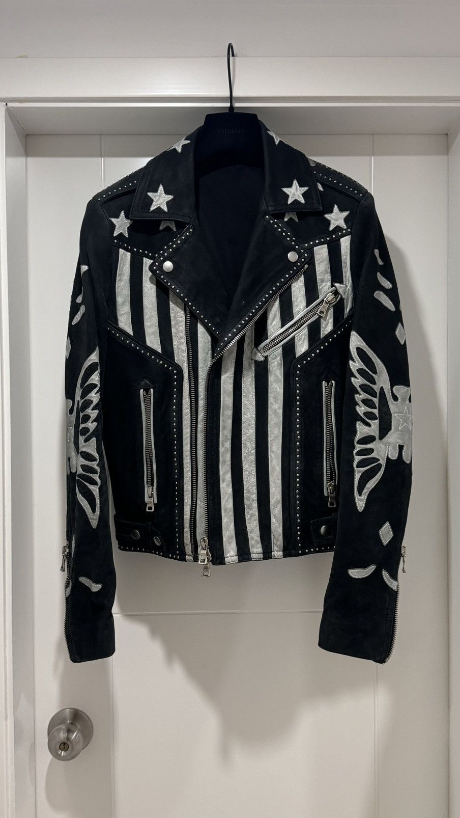 image of Balmain Studded Patchwork Leather Biker Jacket in Black, Men's (Size Small)