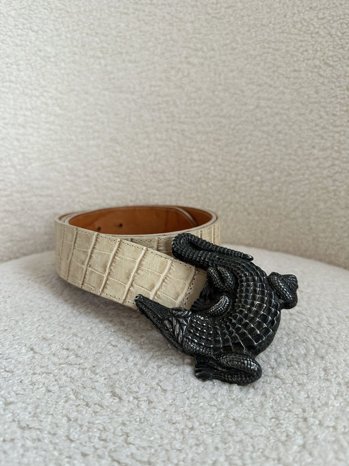 image of Leather Crocodile Print Alligator Metal Buckle Belt Very in Beige, Men's