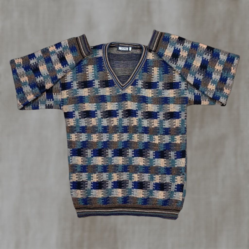 VINTAGE Megalos Mens Large Multicolor Geometric V-Neck Sweater Pullover Knit Long Sleeve Classic Hipster Casual