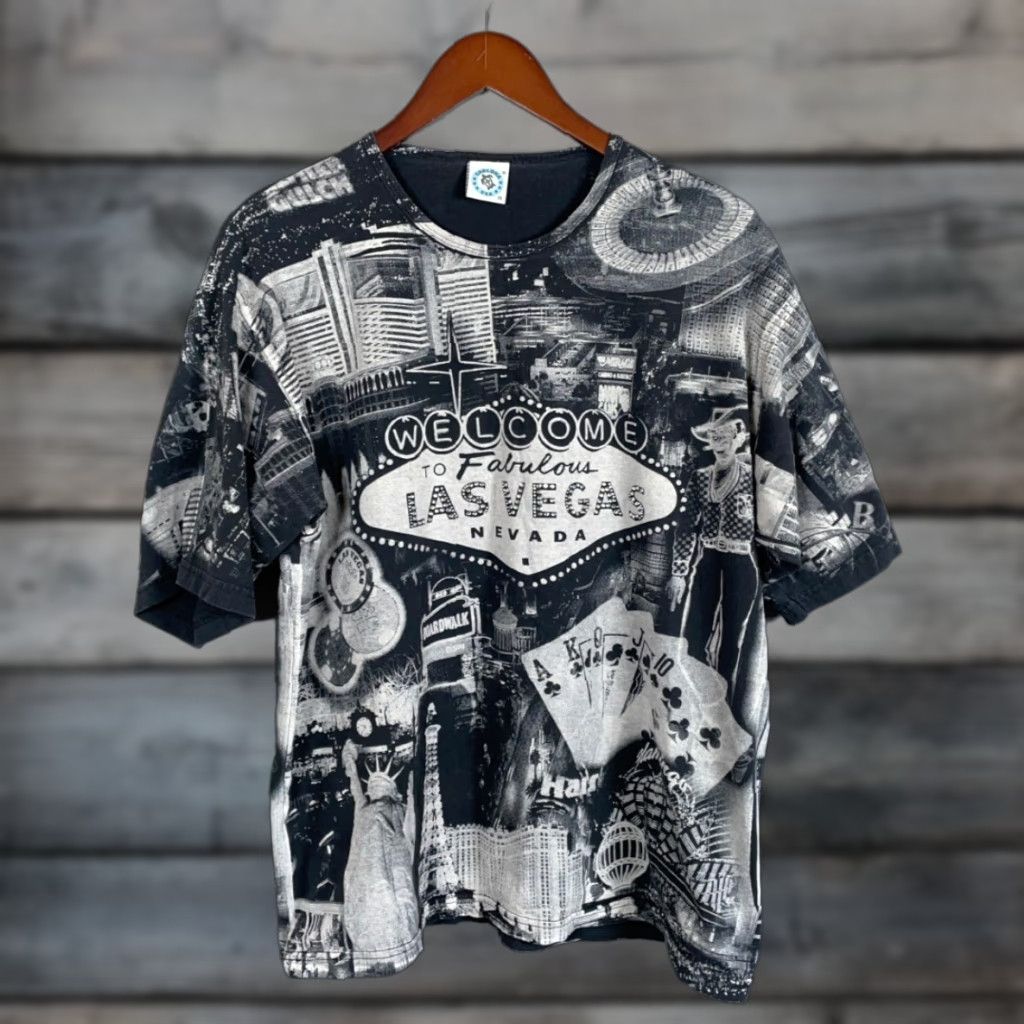 VINTAGE Chelona USA Las Vegas T-Shirt All Over Print Rhinestone Cotton Adult Large Black City Retro