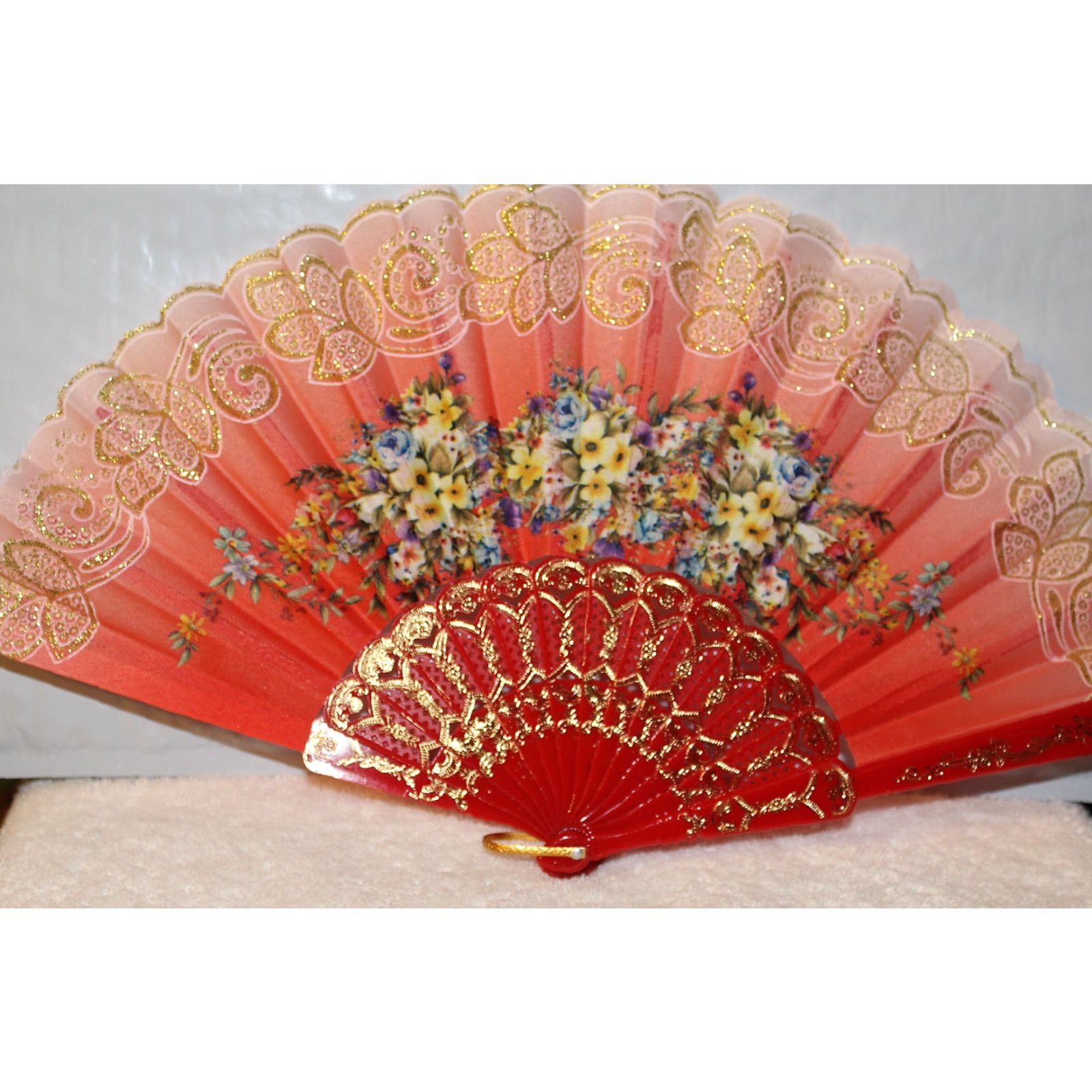 Vintage Vintage Handheld Fan with Flowers - Small Red Hand Fan, 16-inch, Brand New Size ONE SIZE - 2 Thumbnail